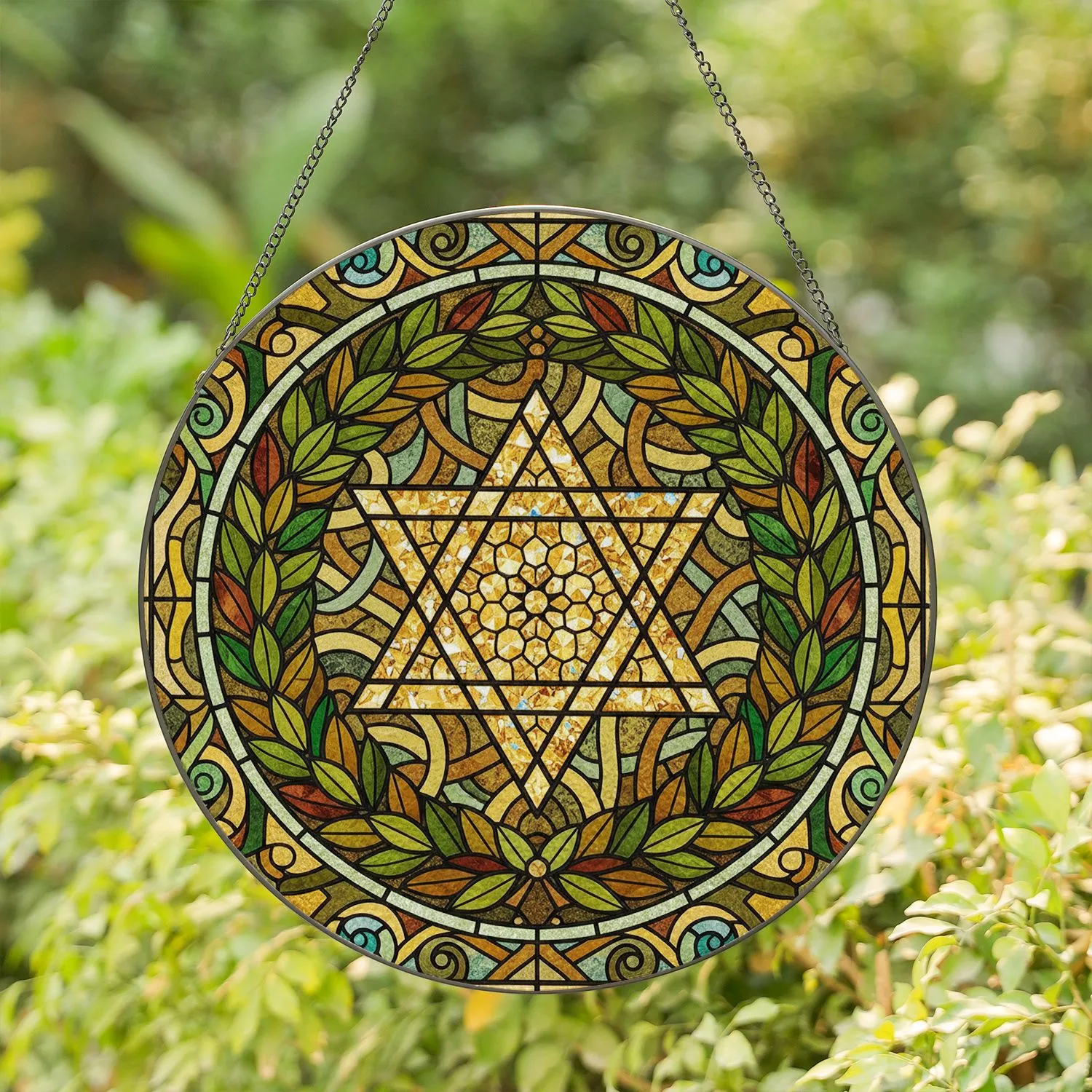 Star of David Laurel Wreath Organic Geometric Mosaic - Everyday Home Decor Gift Stained Glass Suncatcher - 1
