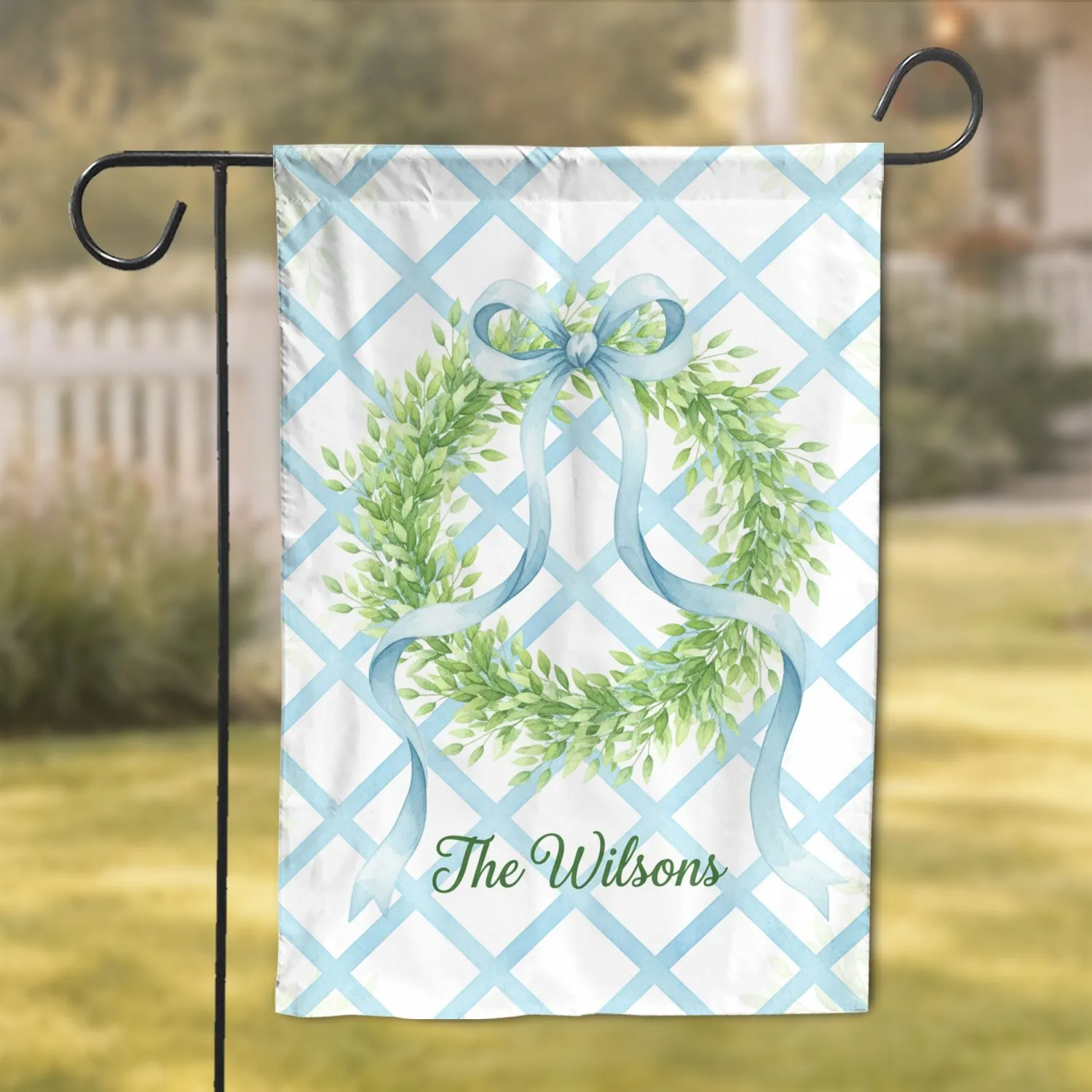 Green Leaves Wreath Light Blue Ribbon Trellis Custom Family Name - Family Home Decor Gift Garden Flag - 1