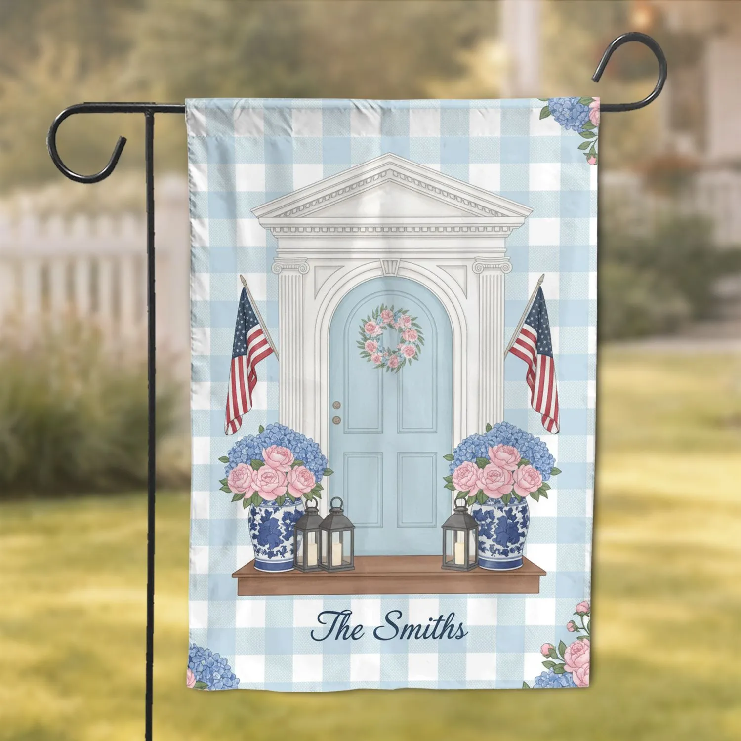 Custom Family Name Front Door American Flags Floral Wreath - Home Decor Gift for Homeowners Garden Flag - 1