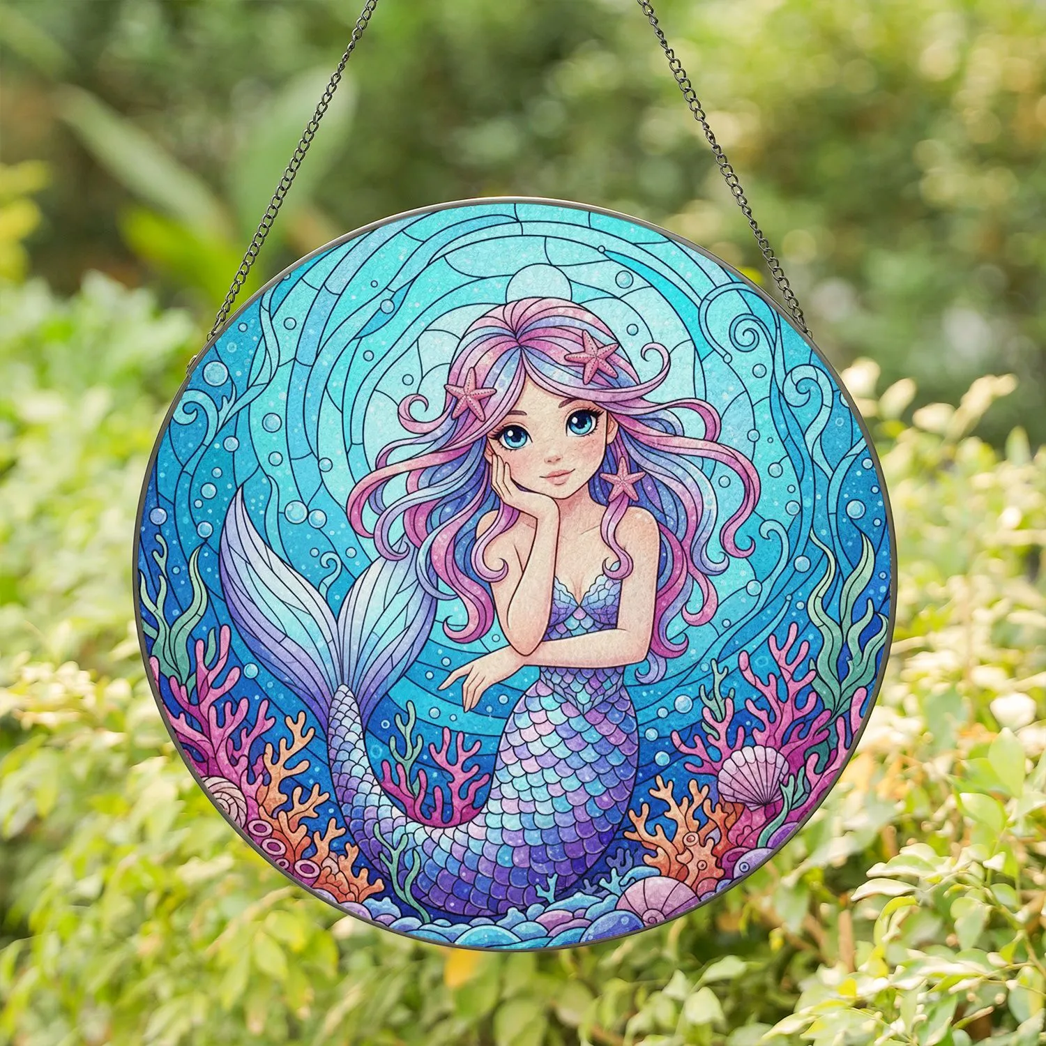 Mermaid Blue Eyes Iridescent Hair Ocean Coral - Home Decor Gift for Ocean Lover Stained Glass Suncatcher - 1