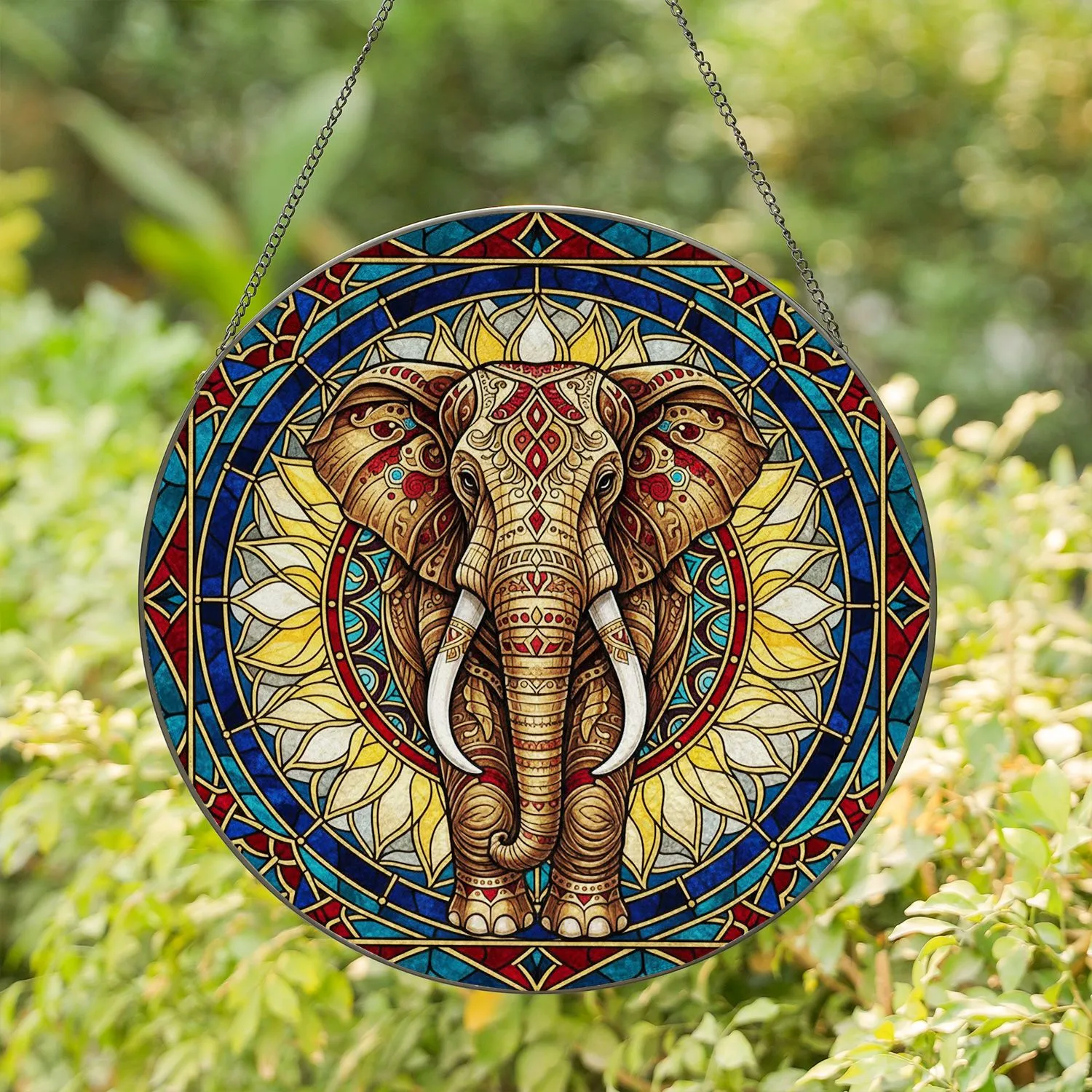 Ceremonial Elephant Dreamcatcher Lotus - Wildlife Home Decor Gift Stained Glass Suncatcher - 1