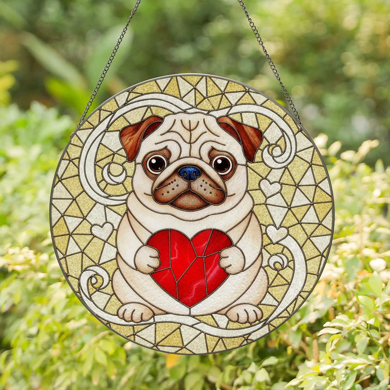 Chubby Pug Dog Red Heart Clear Glass Hearts - Home Decor Gift for Dog Lovers and Pet Owners Stained Glass Suncatcher - 1