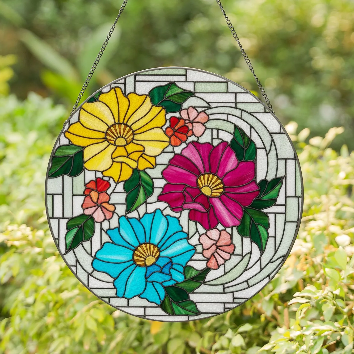 Luminous Multi-Petal Flowers Geometric Mosaic Window Accent - Home Decor Gift Stained Glass Suncatcher - 1