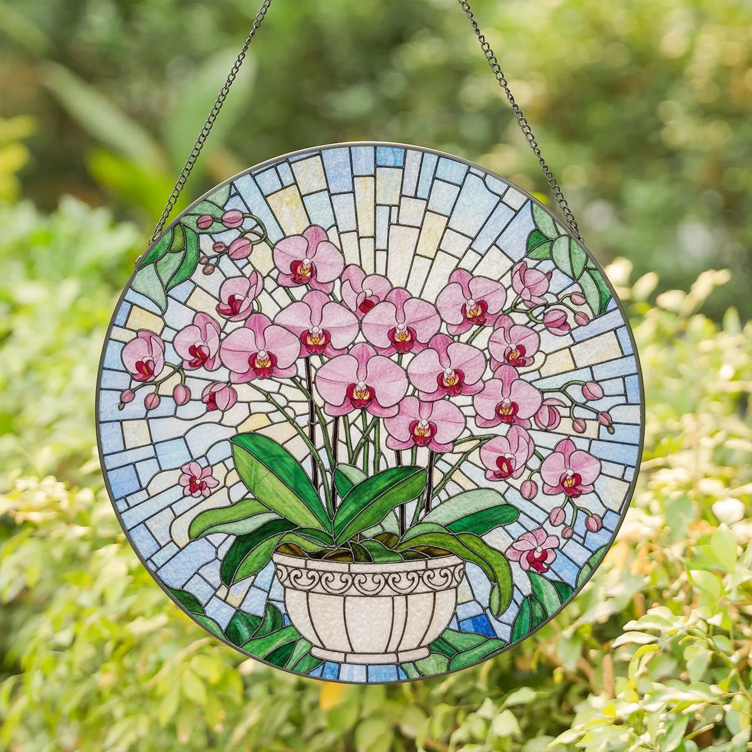 Tiffany Stained Glass Pink Phalaenopsis Orchid Plant Green Leaves - Everyday Home Decor Gift Stained Glass Suncatcher - 1