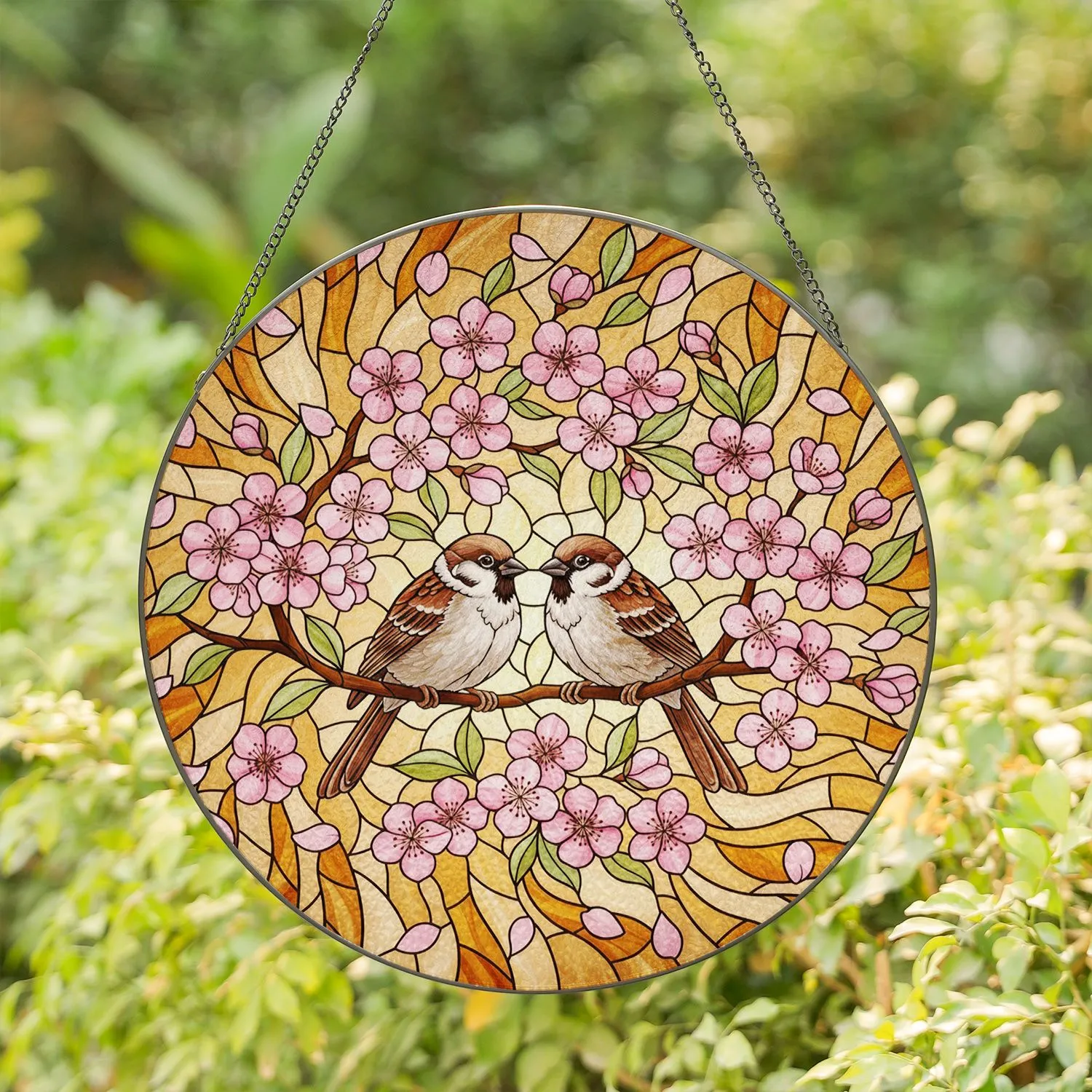 Fluffy Sparrows Pink Cherry Blossoms Branch - Window Decor Gift for Bird Lovers Stained Glass Suncatcher - 1