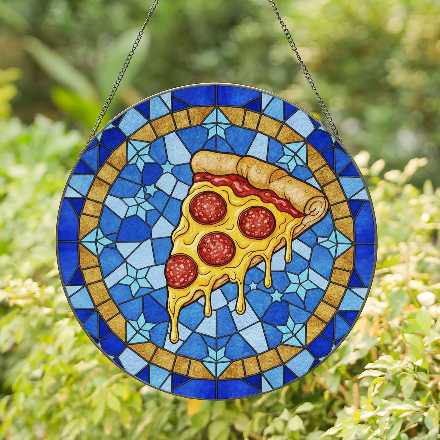 Pepperoni Pizza Slice Golden Crust Melting Cheese Stars Mosaic Home Decor Gift Stained Glass Suncatcher - 1