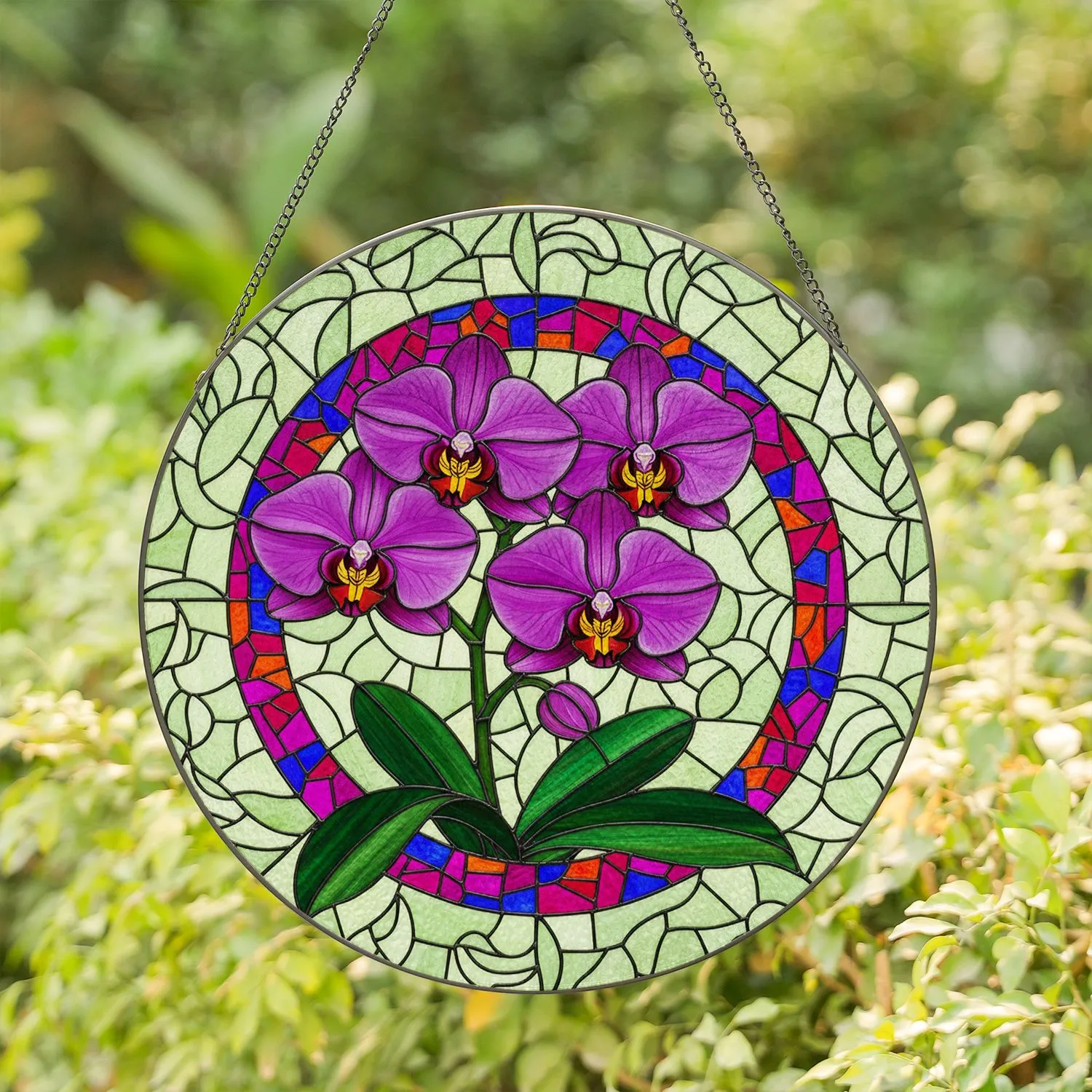 Purple Phalaenopsis Orchid Yellow Red Center - Home Decor Gift for Plant Lover Stained Glass Suncatcher - 1