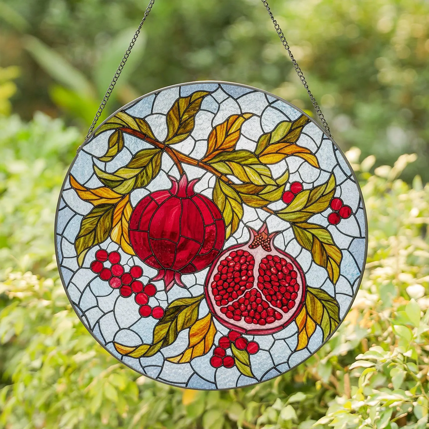 Pomegranates Branch Ruby Seeds Leaves Berries - Home Decor Gift for Nature Lover Stained Glass Suncatcher - 1