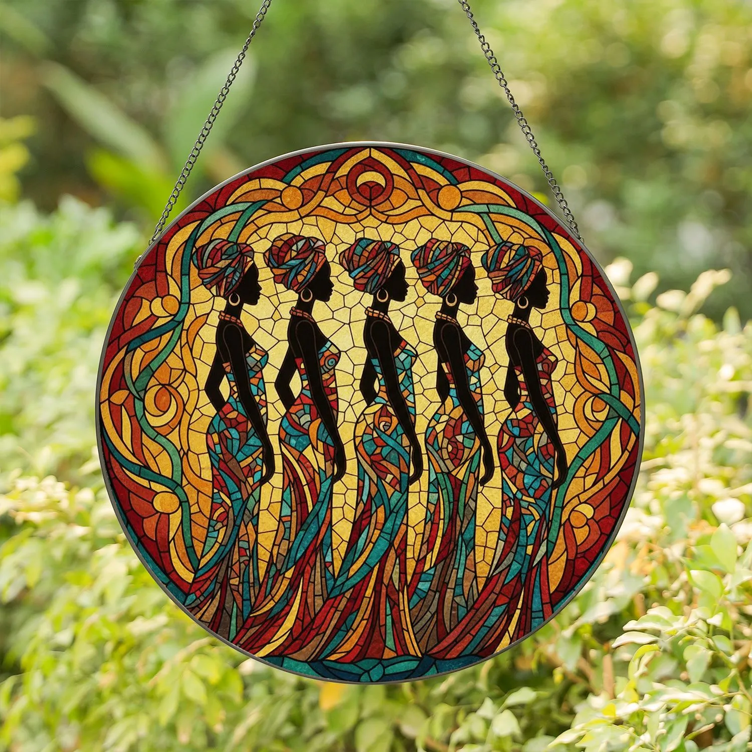 Five Silhouetted Women Headwrap Flowing Dress Mosaic - Home Decor Gift for Living Spaces Stained Glass Suncatcher - 1