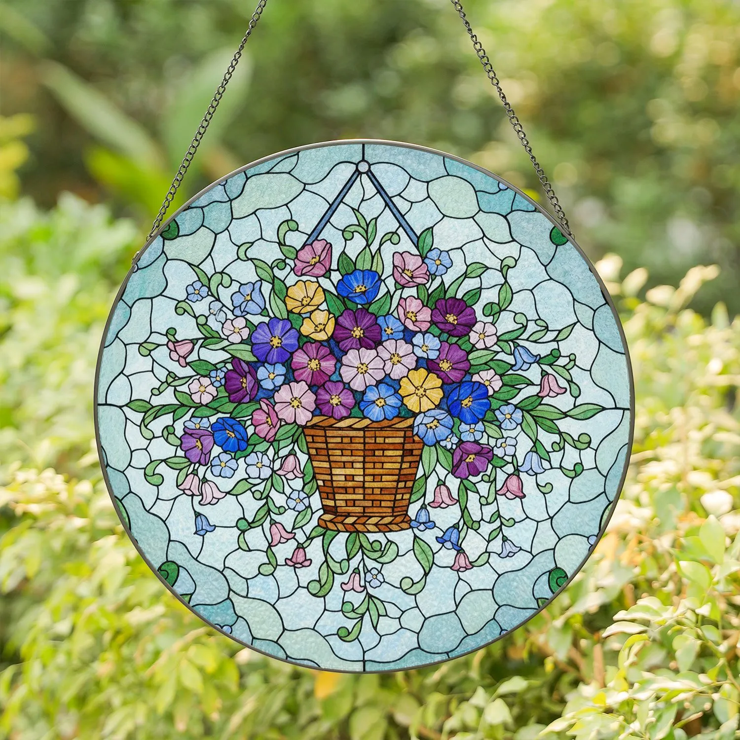 Woven Basket Multi-Petaled & Bell Flowers Cascading Foliage - Home Decor Gift Stained Glass Suncatcher - 1