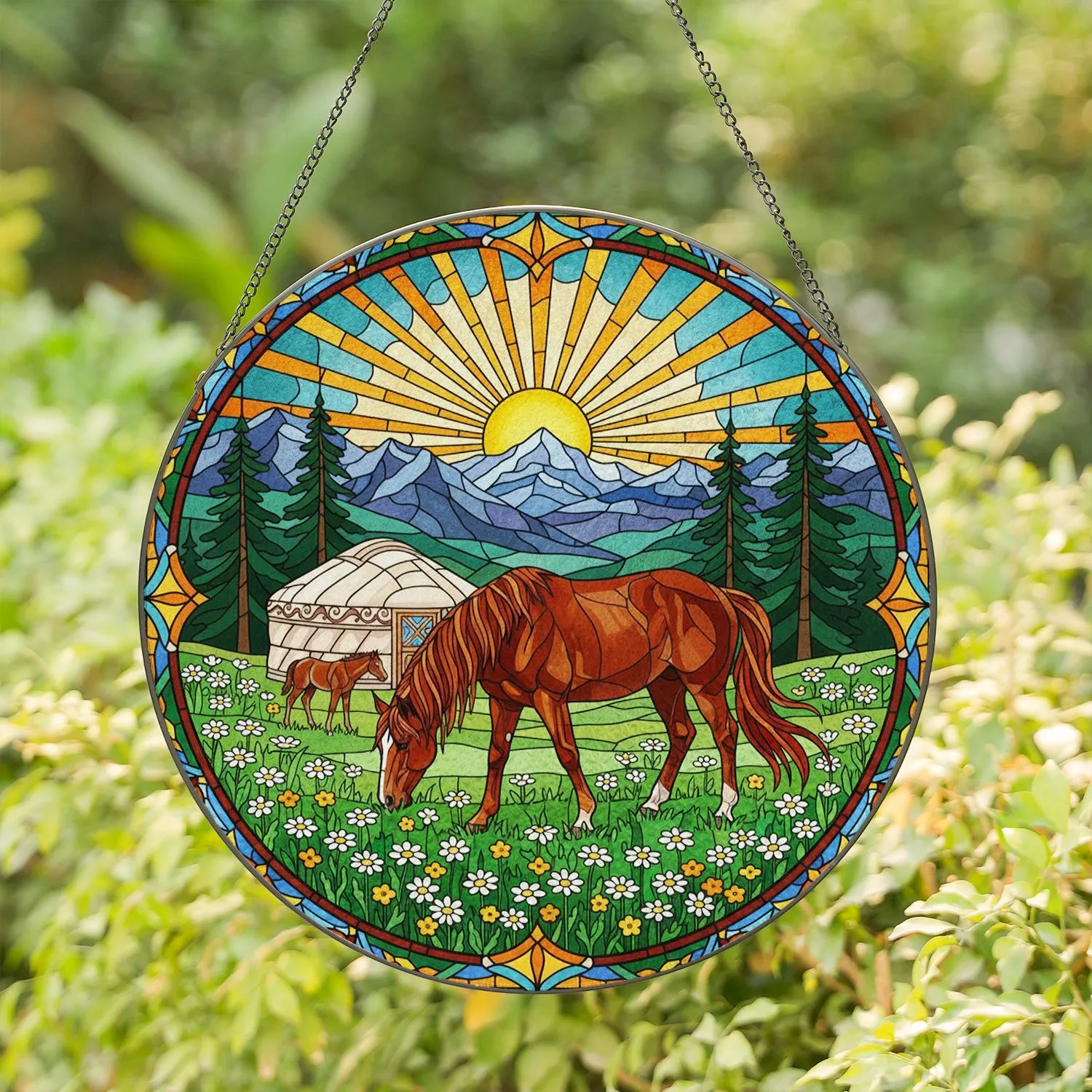 Grazing Horse Foal Yurt Meadow Pine Mountain Sun - Home Decor Gift for Wildlife Lover Stained Glass Suncatcher - 1
