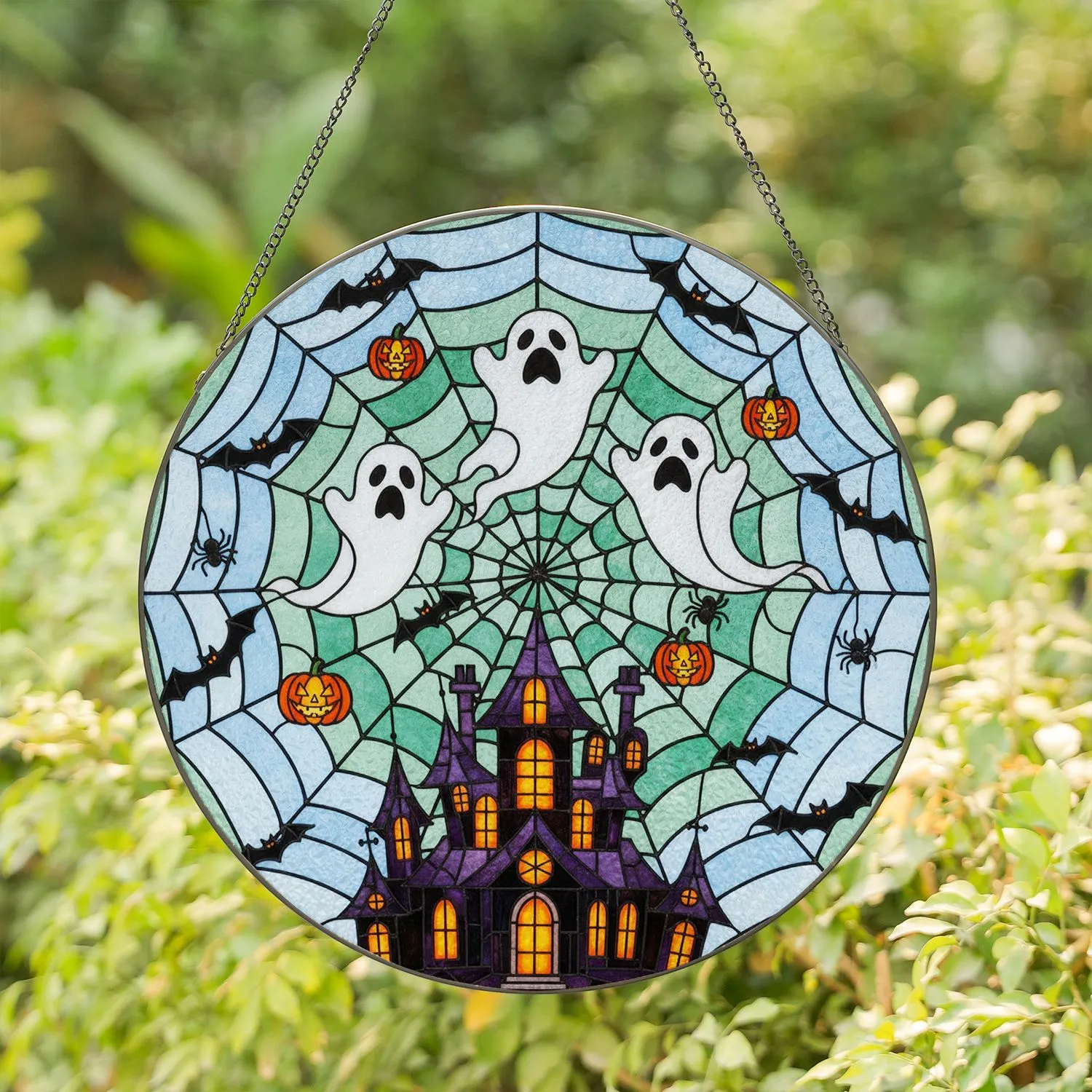 Spooky Haunted House Ghosts Spiderweb Bats Jack-o'-lanterns - Halloween Home Decor Gift Stained Glass Suncatcher - 1