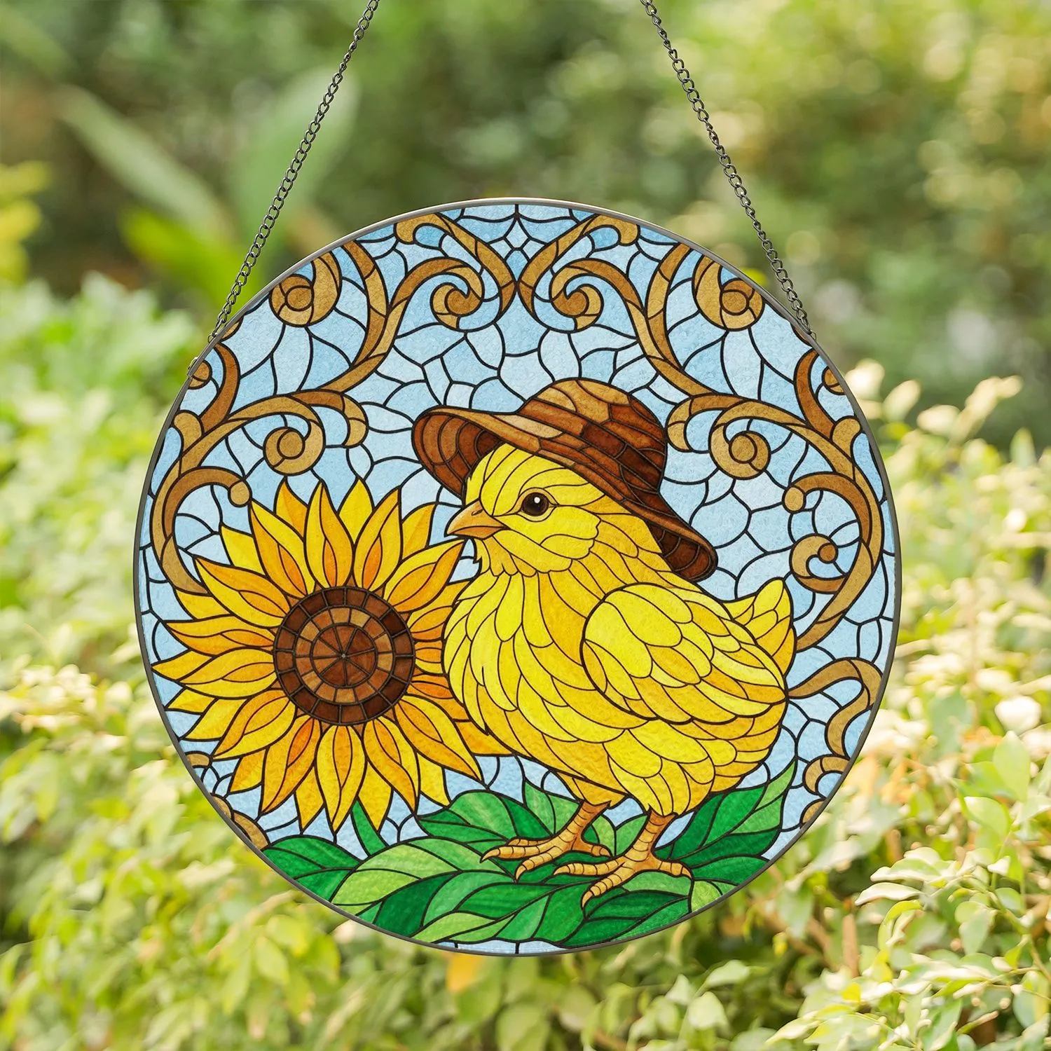 Fluffy Yellow Chick Sunflower Mosaic Sky - Spring Home Decor Gift for Garden Lover Stained Glass Suncatcher - 1