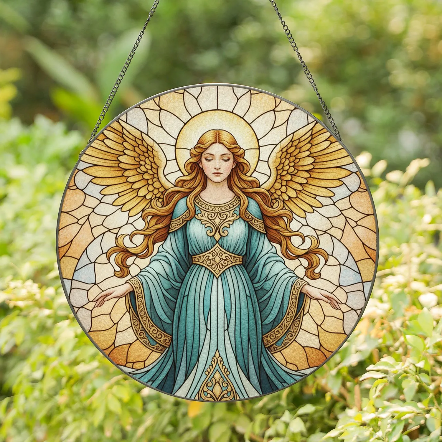 Serene Graceful Female Angel Golden Wings Teal Gown - Home Decor Gift for Angel Lovers Stained Glass Suncatcher - 1
