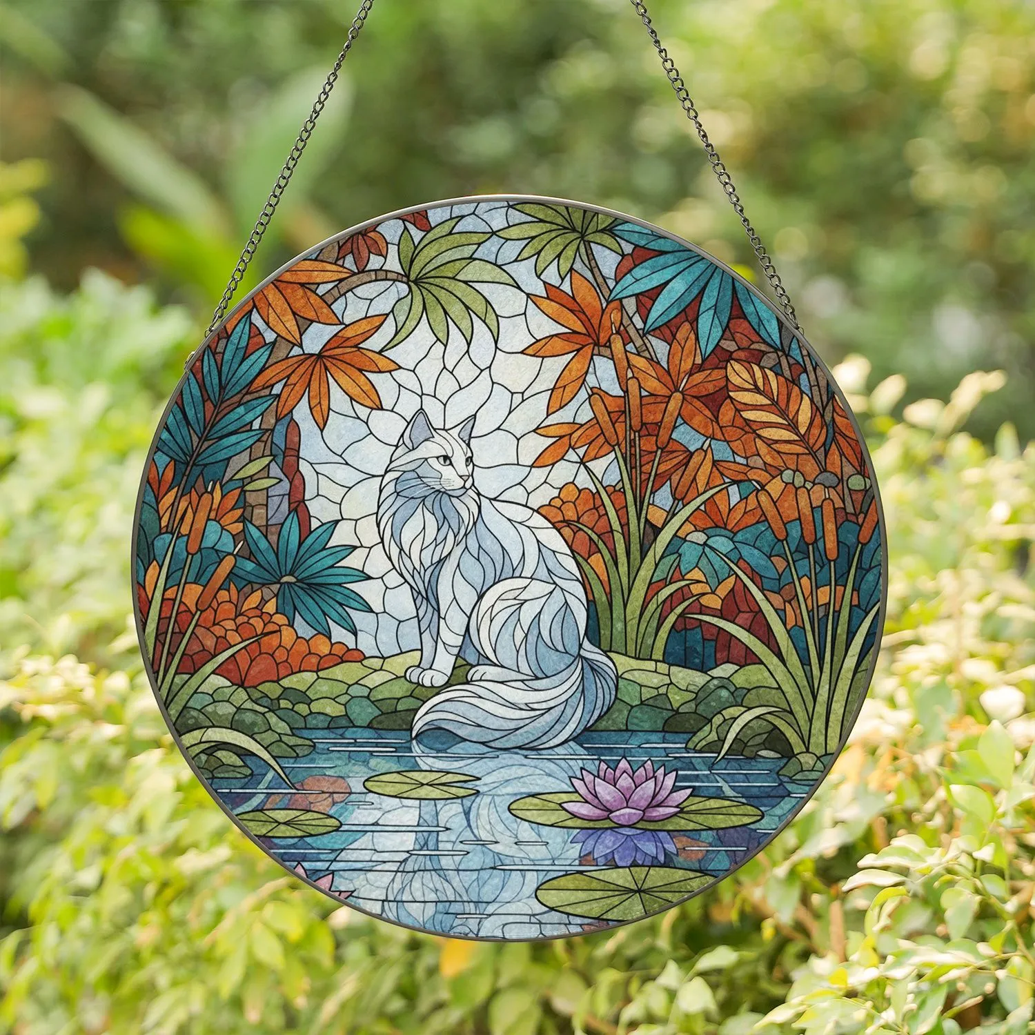 Stained Glass White Cat Pond Lily Lotus Tropical Leaves - Cat Lover Home Decor Gift Stained Glass Suncatcher - 1