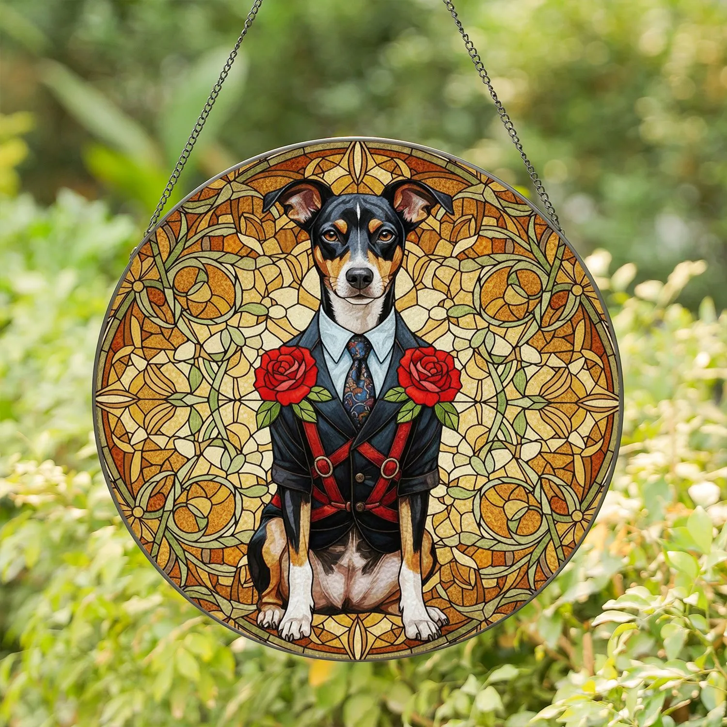 Dapper Pinscher Dog Suit Red Roses Home Decor Gift for Dog Lover Stained Glass Suncatcher - 1