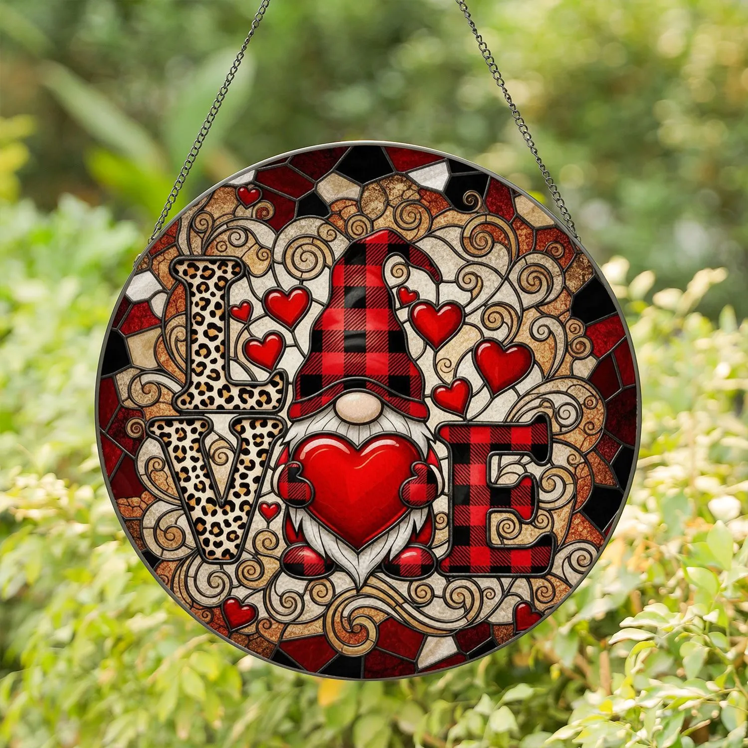 Red Black Love Gnome Leopard Heart Plaid Mosaic - Home Decor Gift for Loved Ones Stained Glass Suncatcher - 1