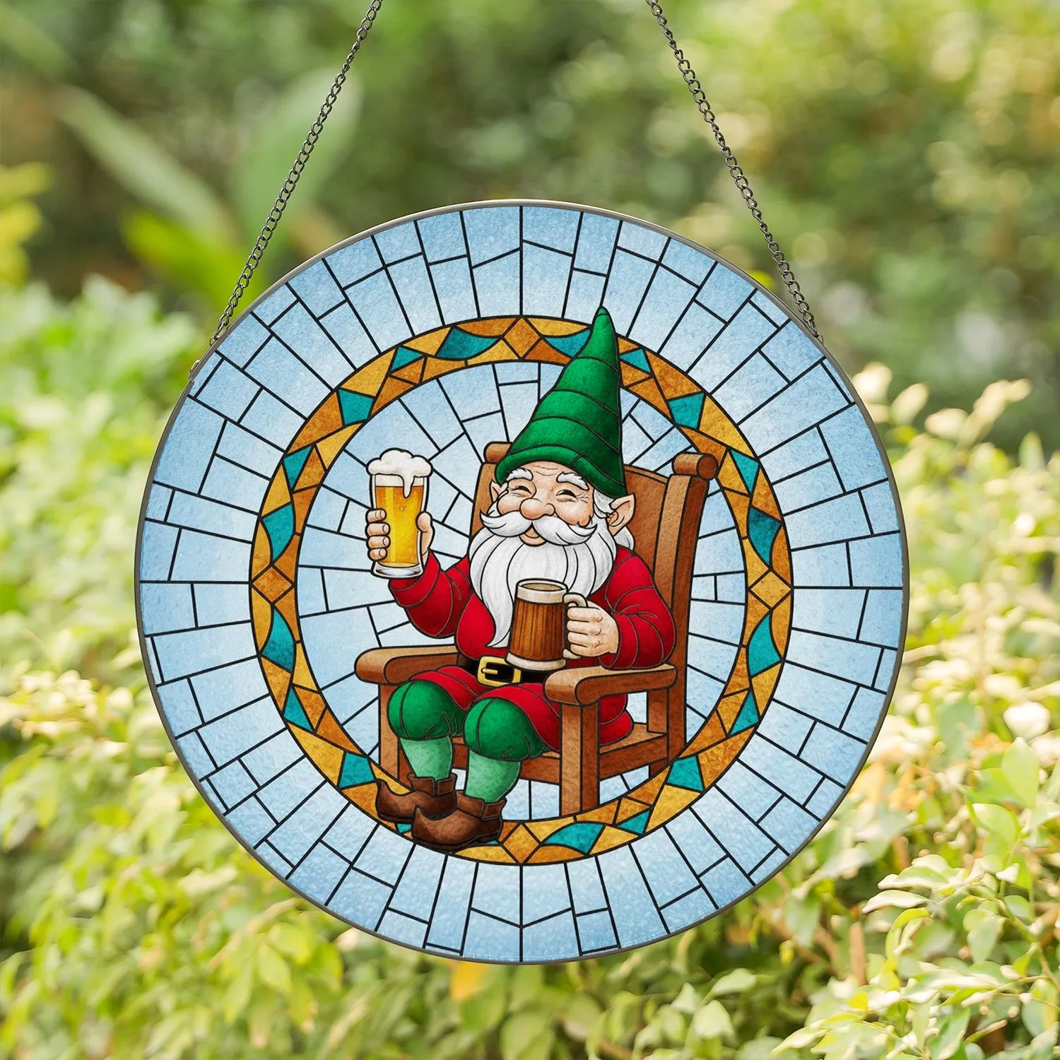 Garden Gnome Frothy Beer Mug, Bearded Old Gnome in Chair - Home Decor Gift for Dad Stained Glass Suncatcher - 1