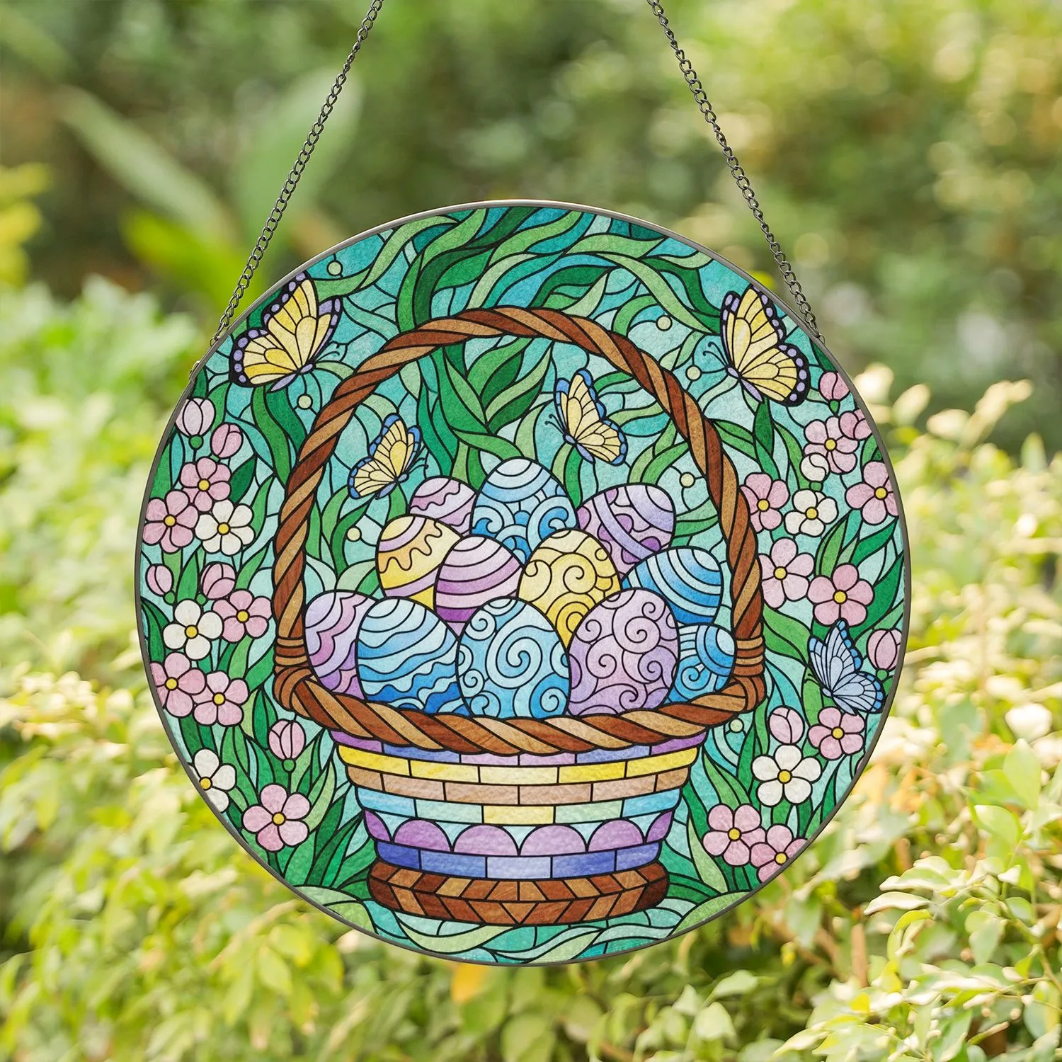 Easter Basket Eggs Spring Flowers Butterflies Lush Foliage - Easter Celebration Gift Stained Glass Suncatcher - 1