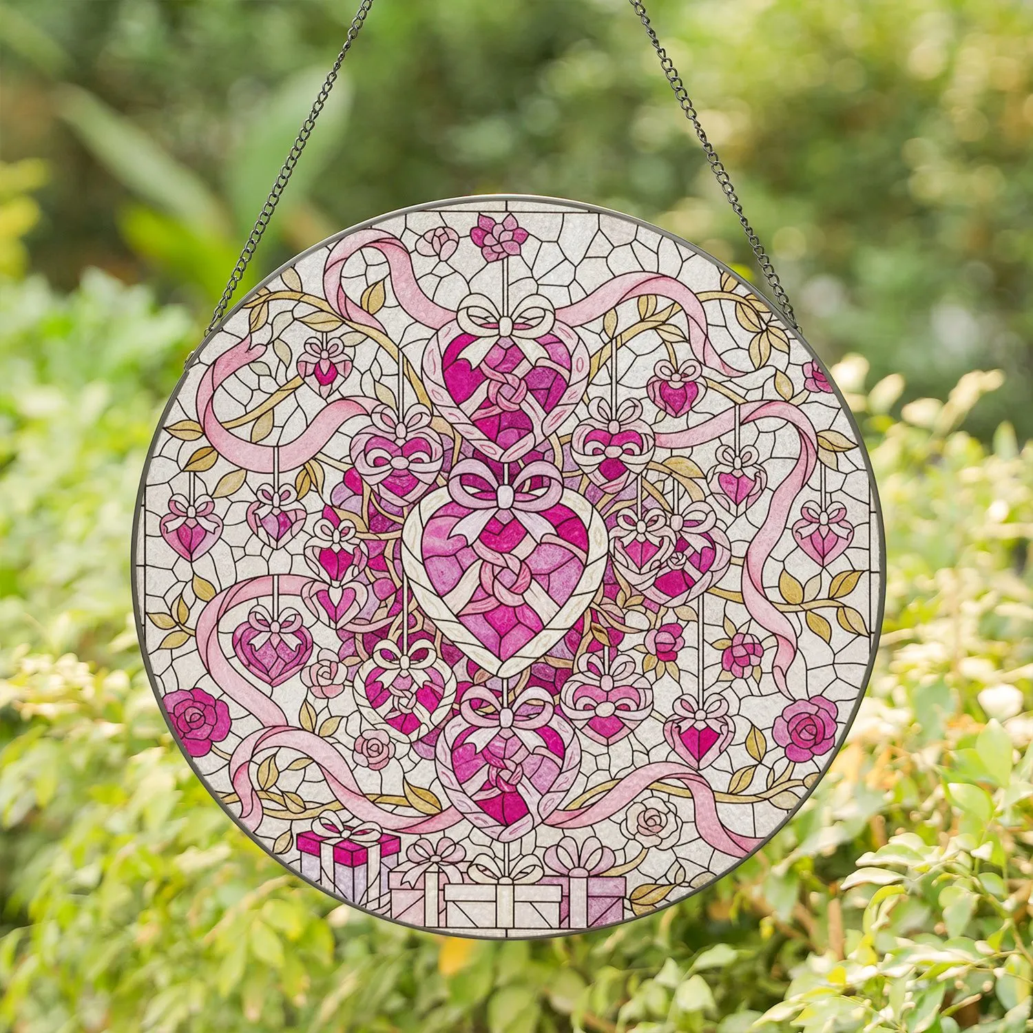 Heart Ornaments Golden Branches Roses Ribbons - Mother's Day Gift for Mom Stained Glass Suncatcher - 1