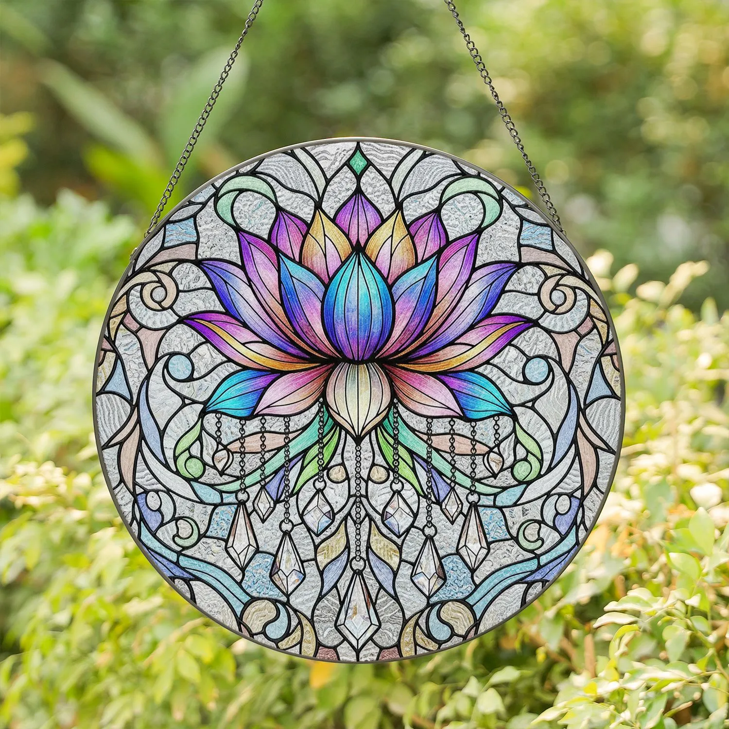 Lotus Flower Crystal Pendants Rippled Opalescent Glass Mosaic Square - Home Decor Gift Stained Glass Suncatcher - 1