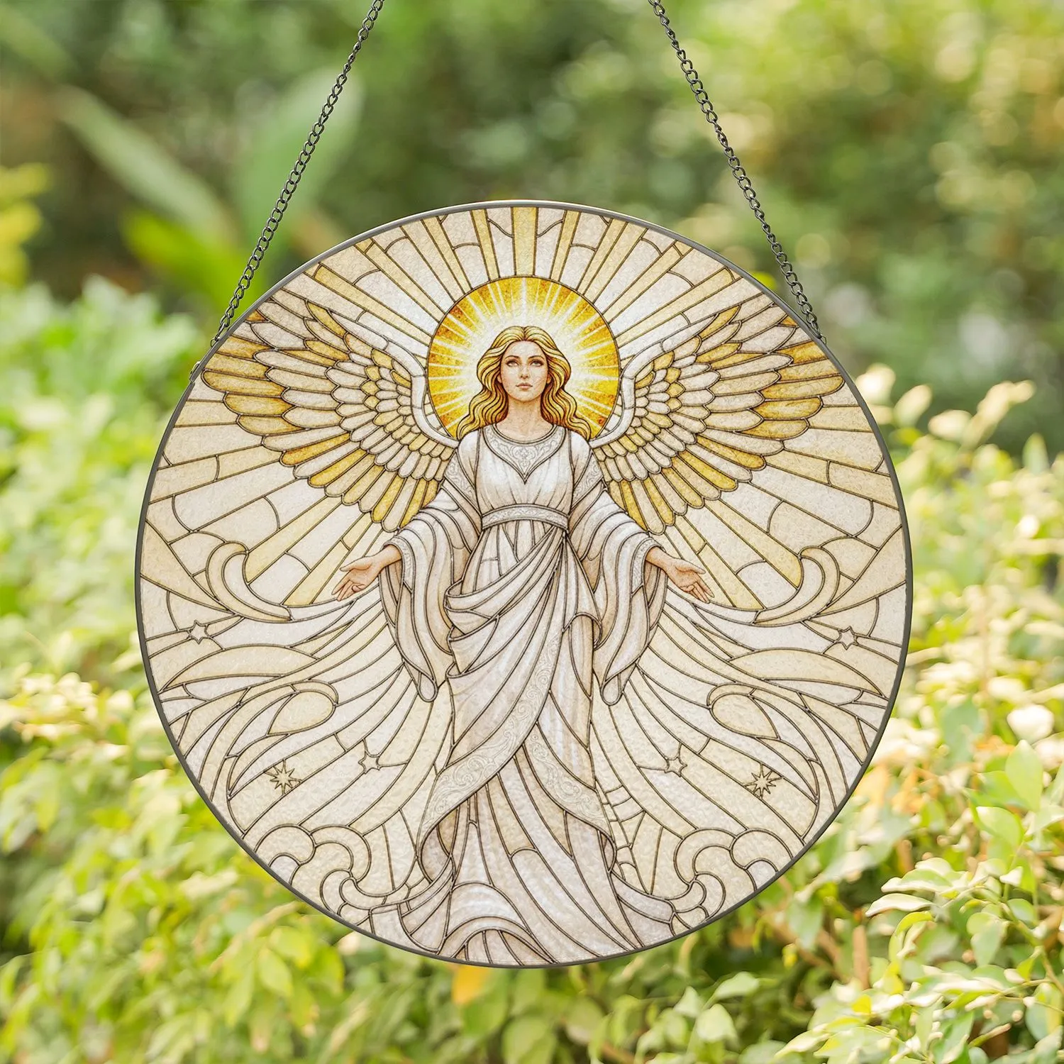 Angel Expansive Feathered Wings Golden Halo Celestial Swirls Light Rays - Home Decor Gift Stained Glass Suncatcher - 1