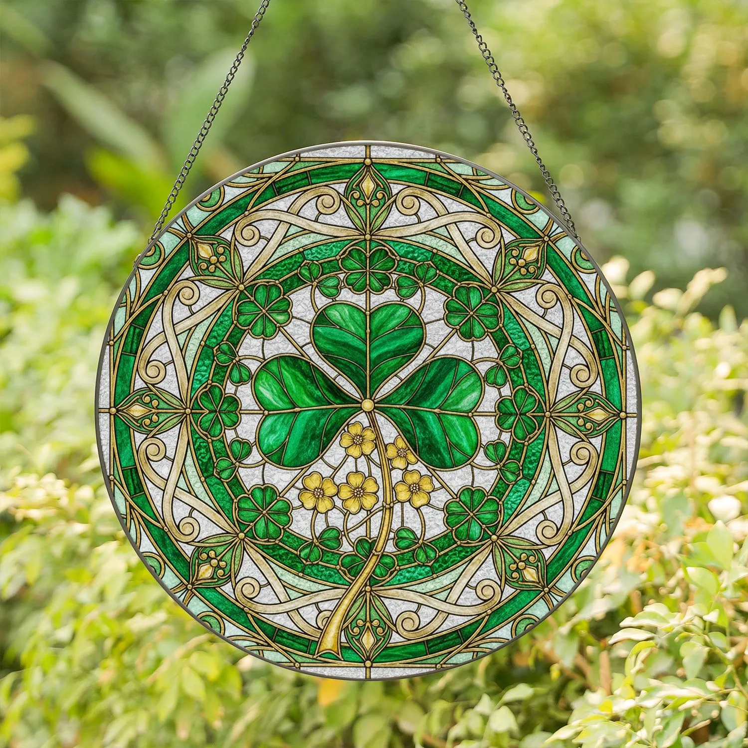Four Leaf Clover Shamrocks Mosaic Scrollwork - Home Decor Gift for Luck Stained Glass Suncatcher - 1