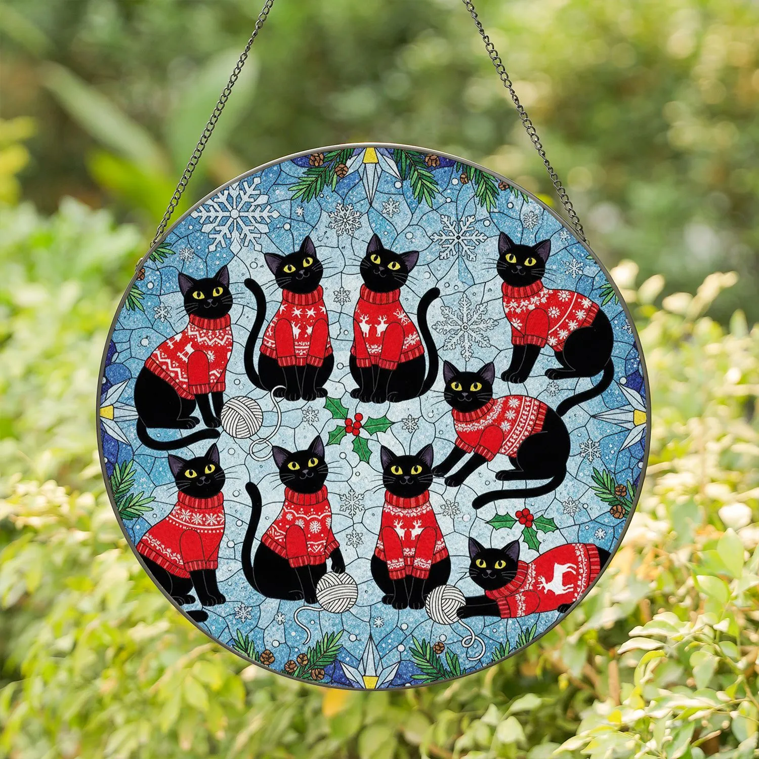 Eight Black Cats Red Sweaters Winter Snowflakes - Christmas Home Decor Gift for Cat Lovers Stained Glass Suncatcher - 1
