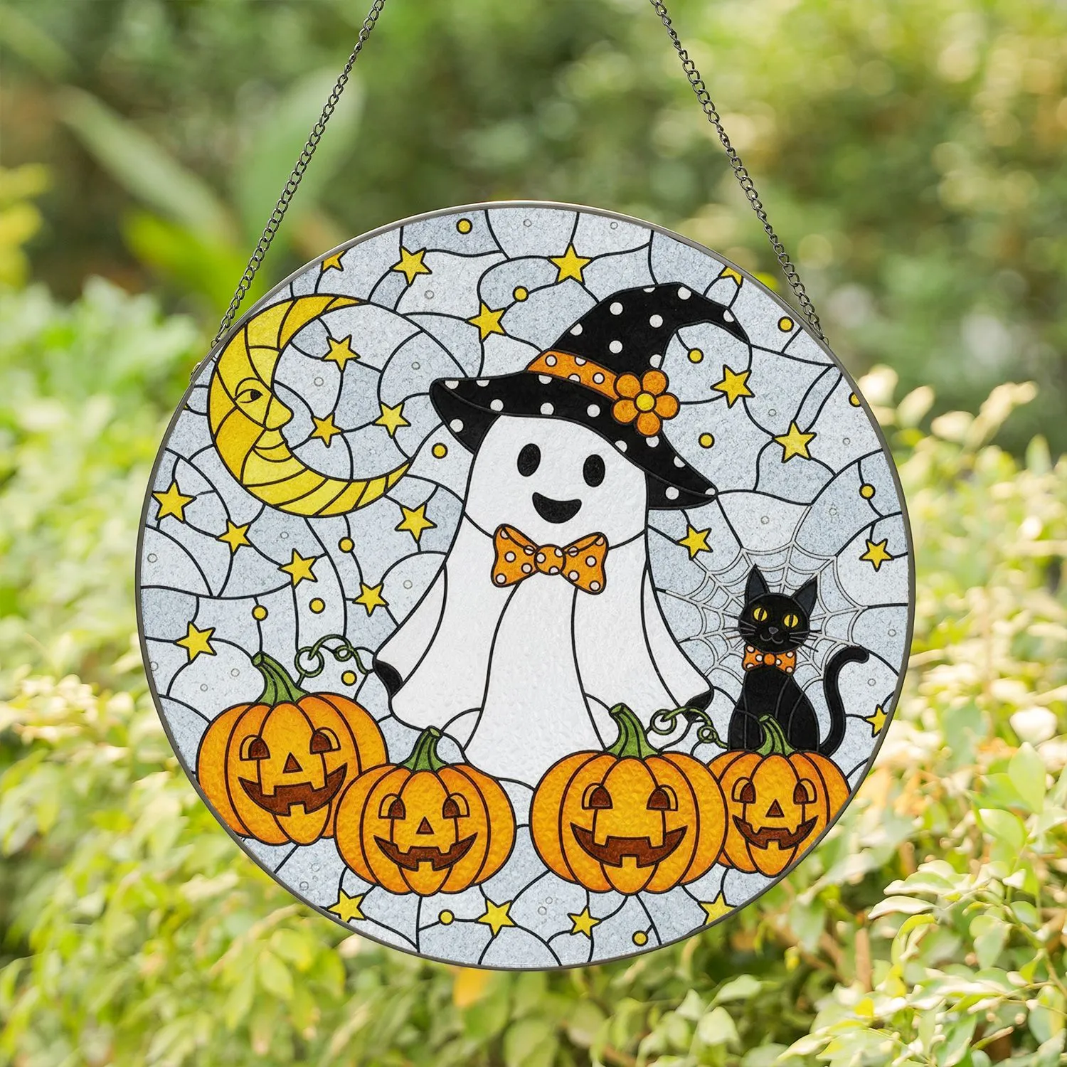 Ghost Polka Dot Witch Hat Pumpkins Black Cat Moon Stars Halloween Window Decoration Stained Glass Suncatcher - 1