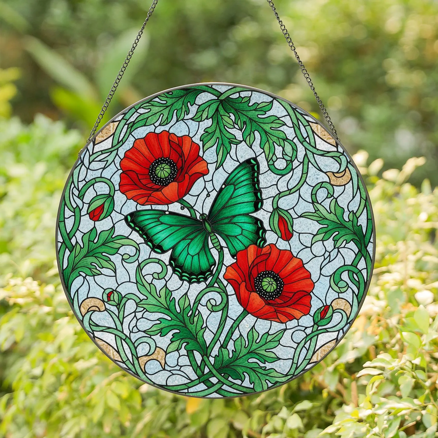 Green Butterfly Red Poppy Floral Swirls - Indoor Home Decor Gift for Garden Lover Stained Glass Suncatcher - 1