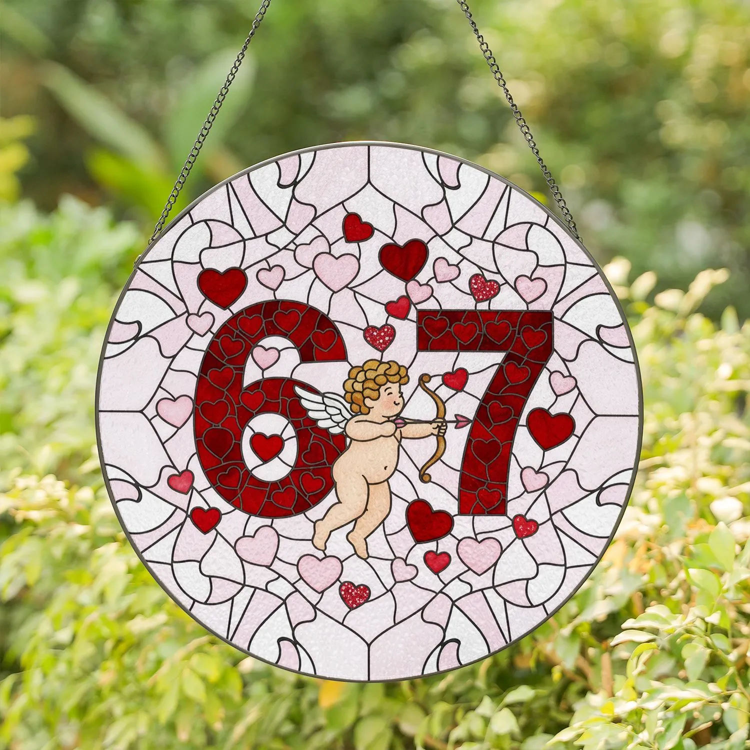 Cherub Cupid Figure Bow Arrow '67' Numerals Red Pink Hearts - Love Home Decor Gift Stained Glass Suncatcher - 1