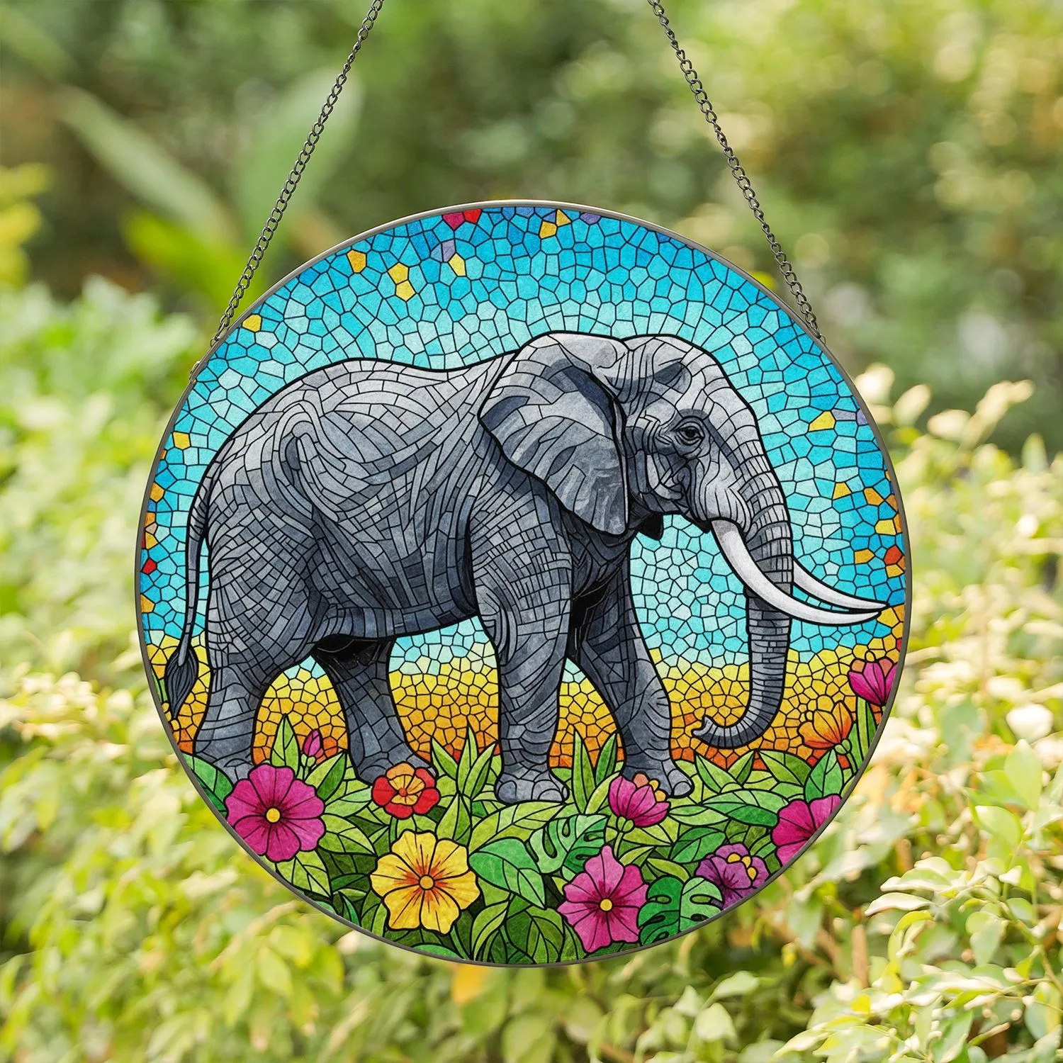 African Elephant Tropical Foliage Flowers - Wildlife Home Decor Gift for Elephant Lovers Stained Glass Suncatcher - 1