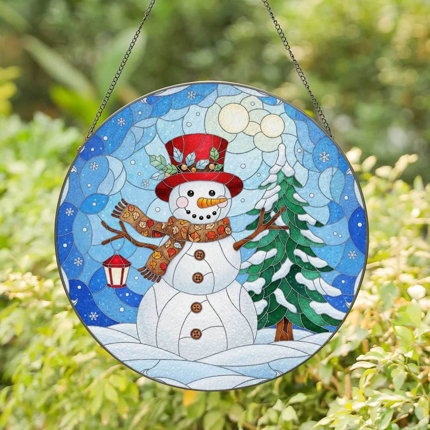 Snowman Evergreen Tree Snowfall Lantern Icy Scrollwork - Winter Holiday Home Decor Gift Stained Glass Suncatcher - 1