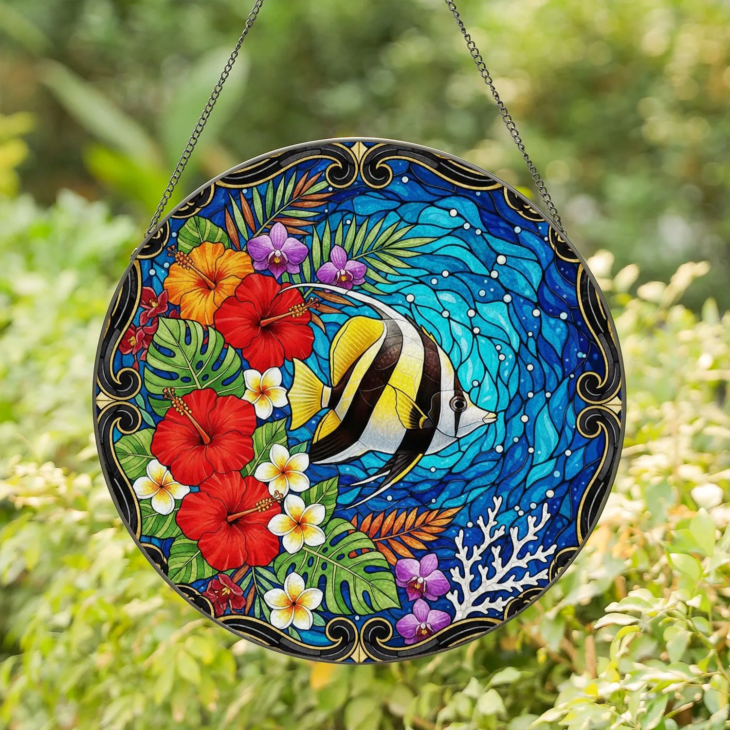 Striped Bannerfish Tropical Flowers Coral Water - Wildlife Lover Home Decor Gift Stained Glass Suncatcher - 1