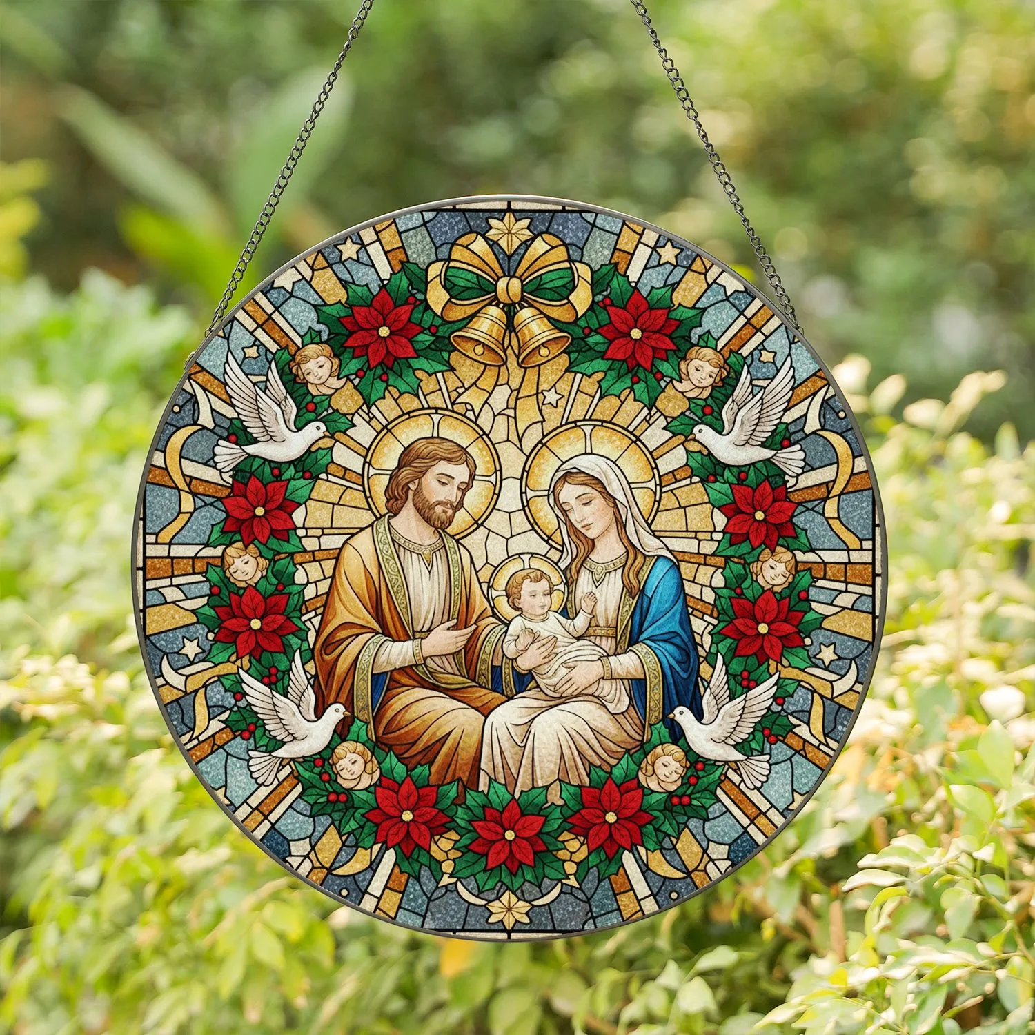 Holy Family Christmas Wreath - Luminous Religious Home Decor Gift Stained Glass Suncatcher - 1