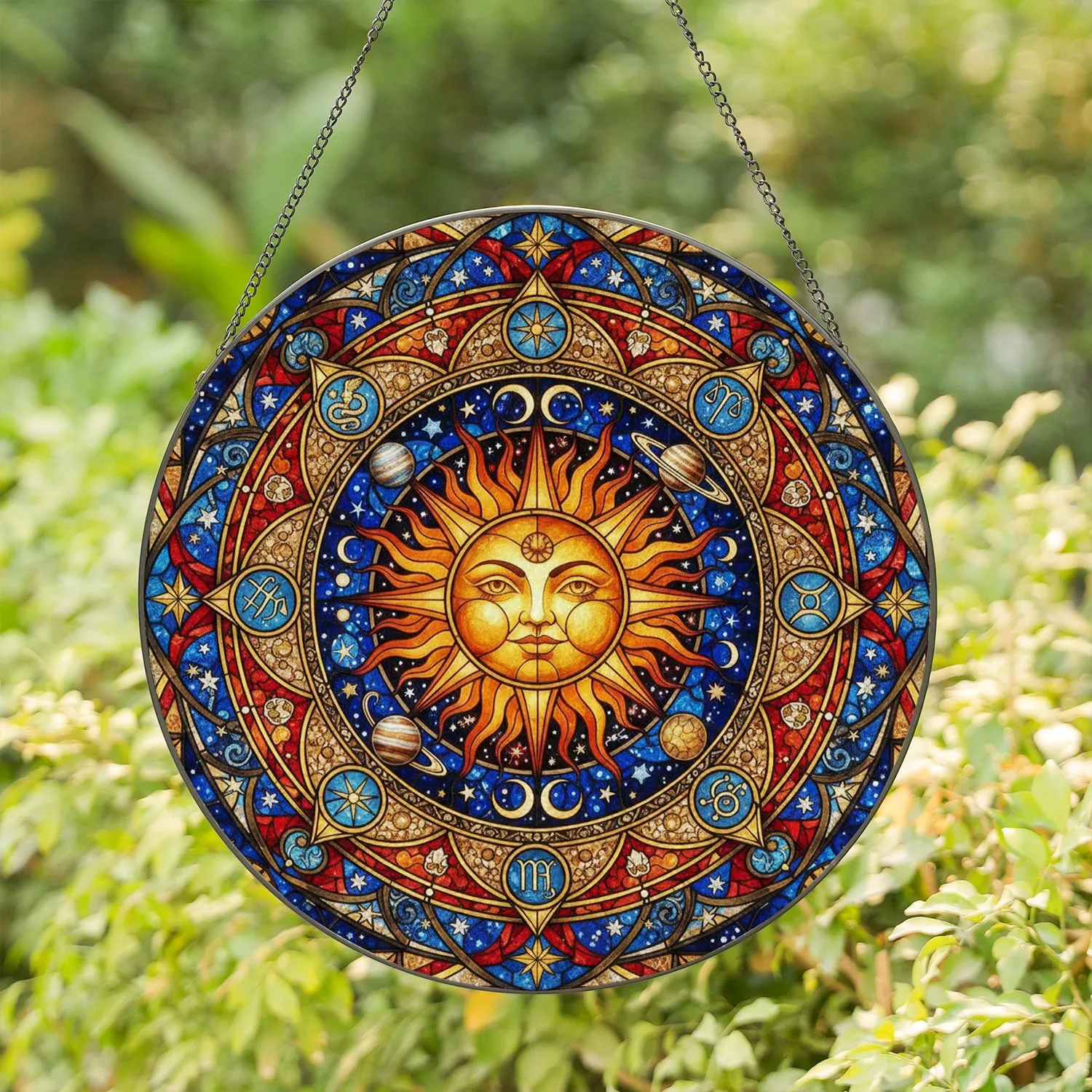 Radiant Sun Cosmological Wheel Zodiac - Home Decor Gift for Astrology Lover Stained Glass Suncatcher - 1