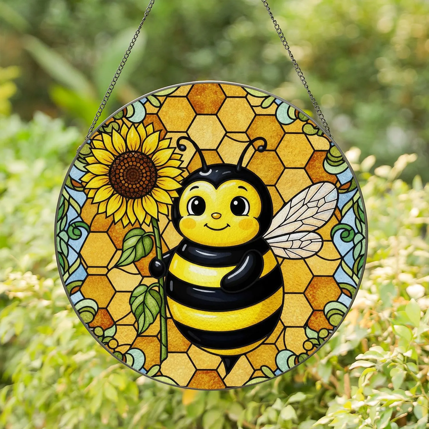 Bee with Sunflower Hexagonal Honeycomb Floral - Home Decor Gift for Garden Lover Stained Glass Suncatcher - 1