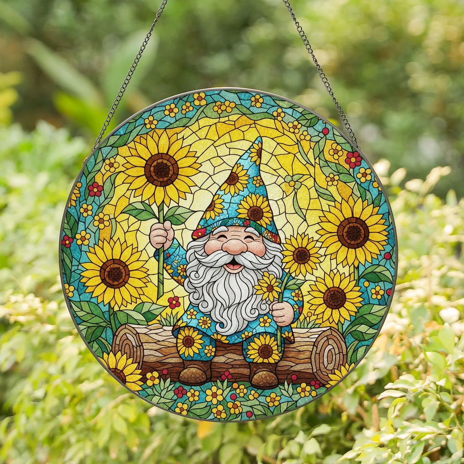 Garden Gnome Sunflowers Wildflowers Mosaic - Home Decor Gift for Garden Lover Stained Glass Suncatcher - 1