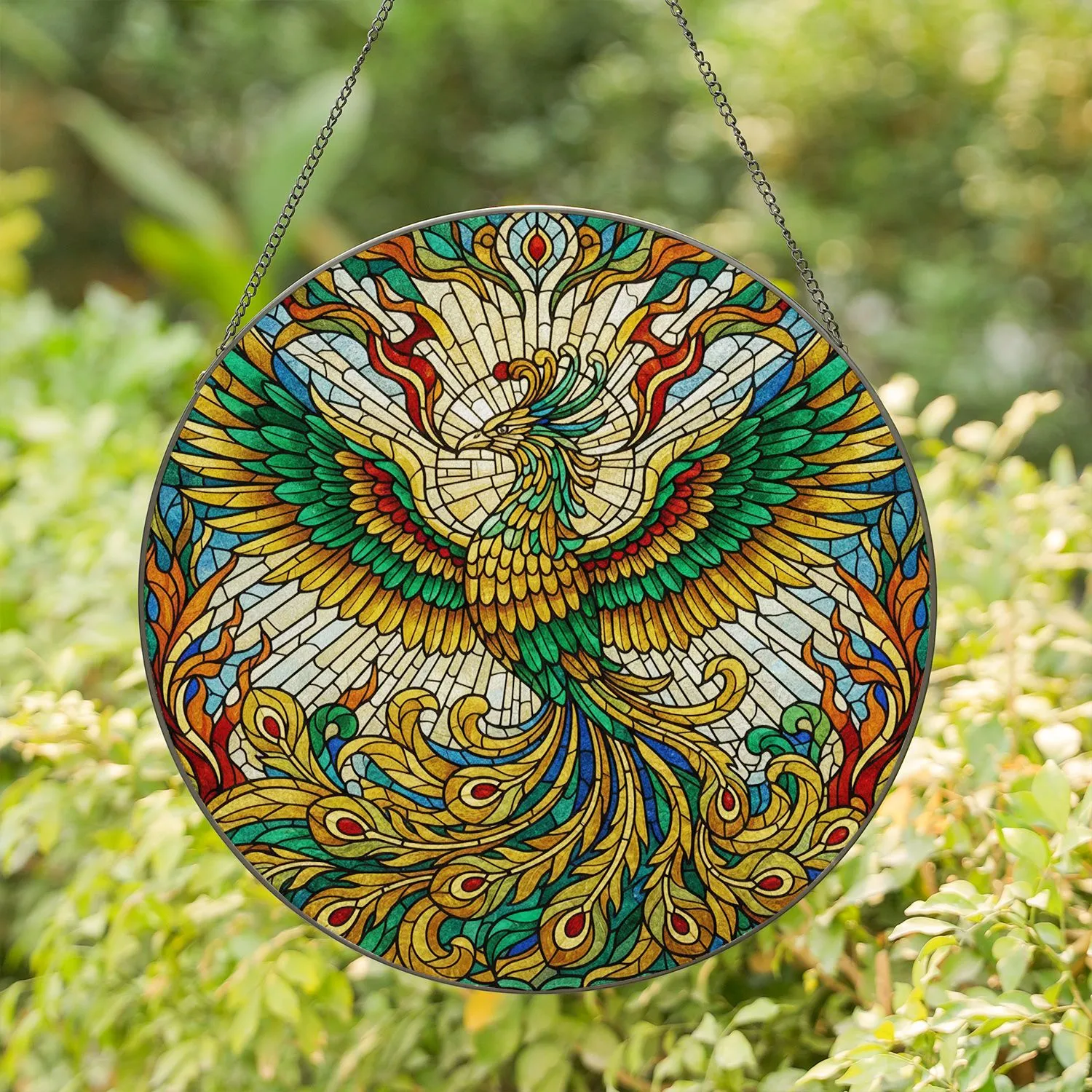 Tiffany Phoenix Sweeping Wings Crested Head Celestial Rays Flames - Home Decor Gift Stained Glass Suncatcher - 1