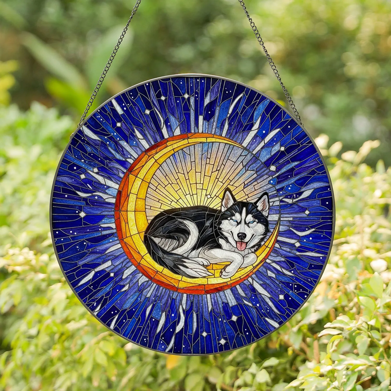 Black White Husky Dog Blue Eyes Golden Crescent Moon - Celestial Home Decor Gift for Dog Lover Stained Glass Suncatcher - 1