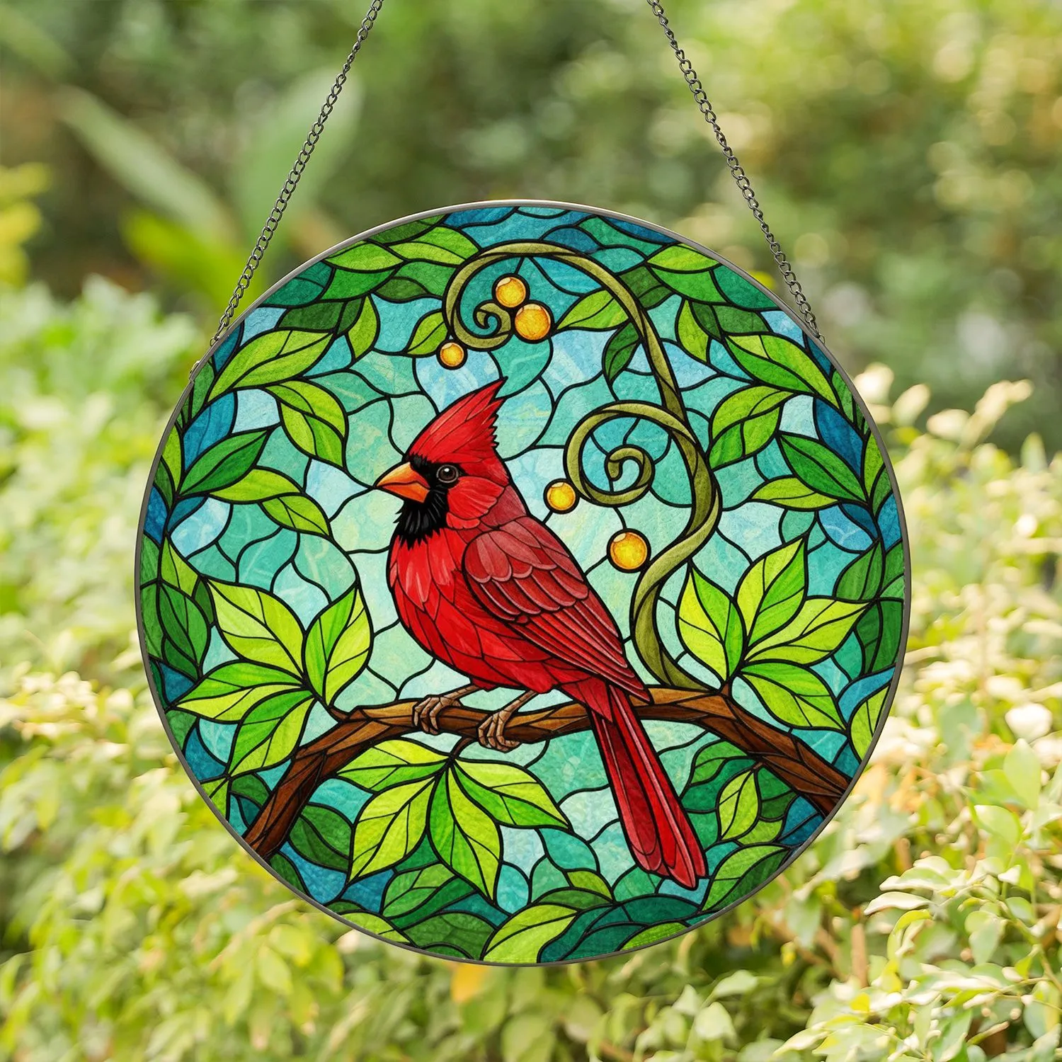 Cardinal Branch Leaves Berries Mosaic - Wildlife Lover Home Decor Gift Stained Glass Suncatcher - 1