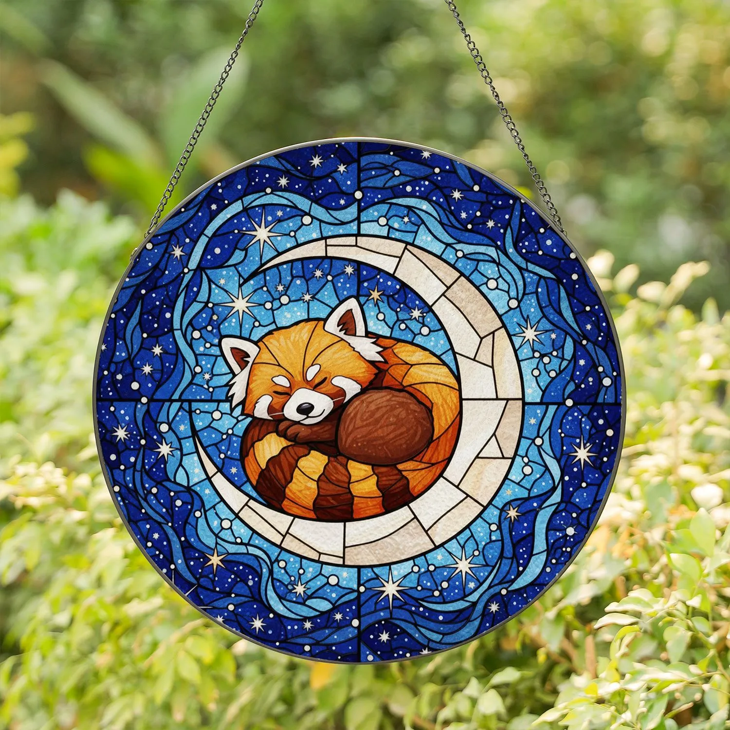 Red Panda Crescent Moon Celestial Stars - Wildlife Lover Home Decor Gift Stained Glass Suncatcher - 1