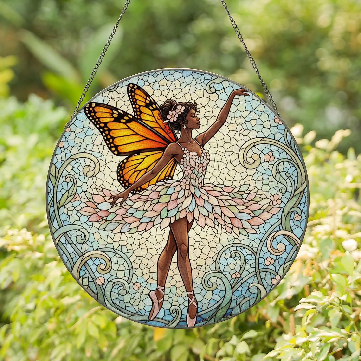 Ballerina Fairy Monarch Butterfly Floral - Home Decor Gift for Fairy Lover Stained Glass Suncatcher - 1