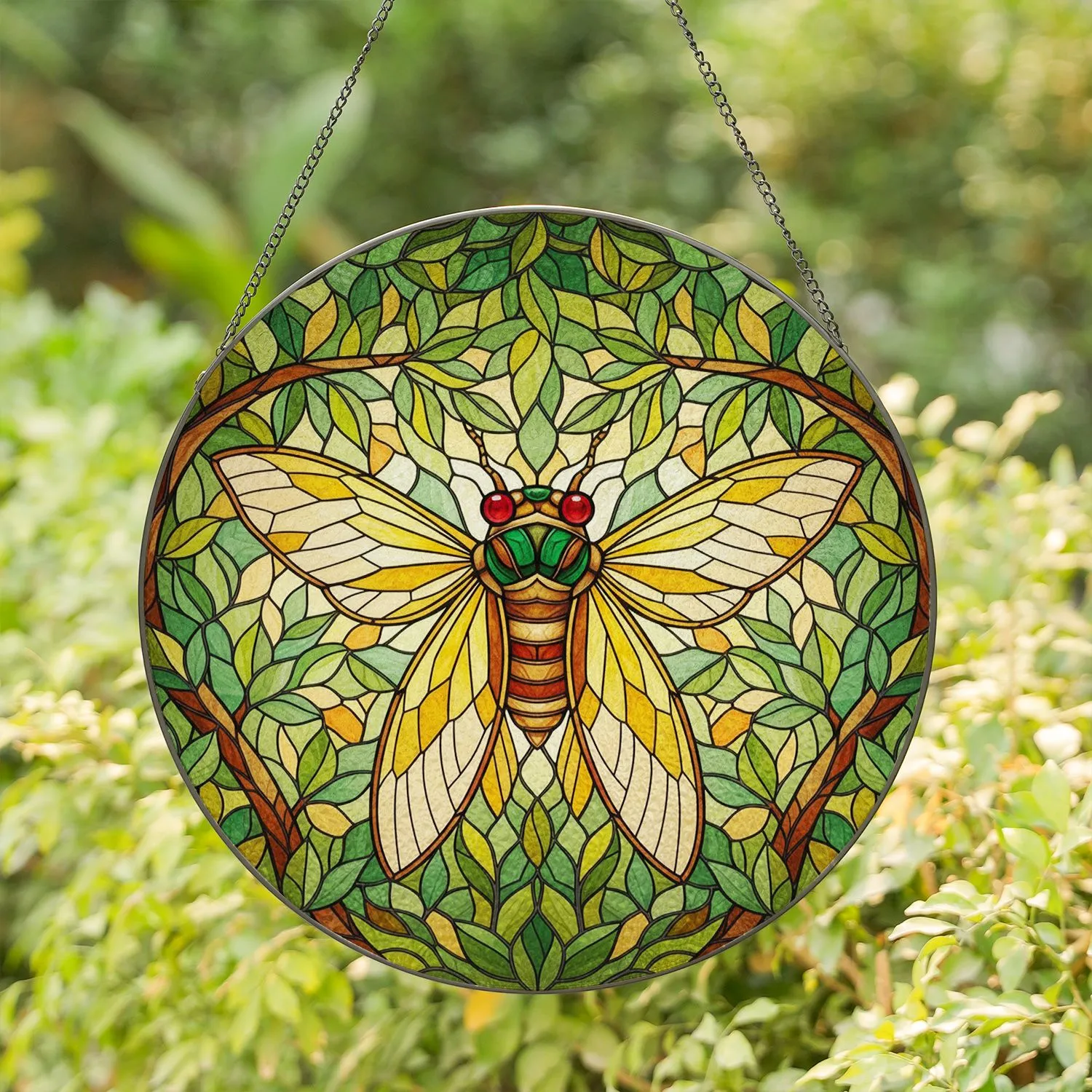 Cicada Red Eyes Translucent Wings Forest Leaves Dappled Sunlight - Home Decor Gift Stained Glass Suncatcher - 1