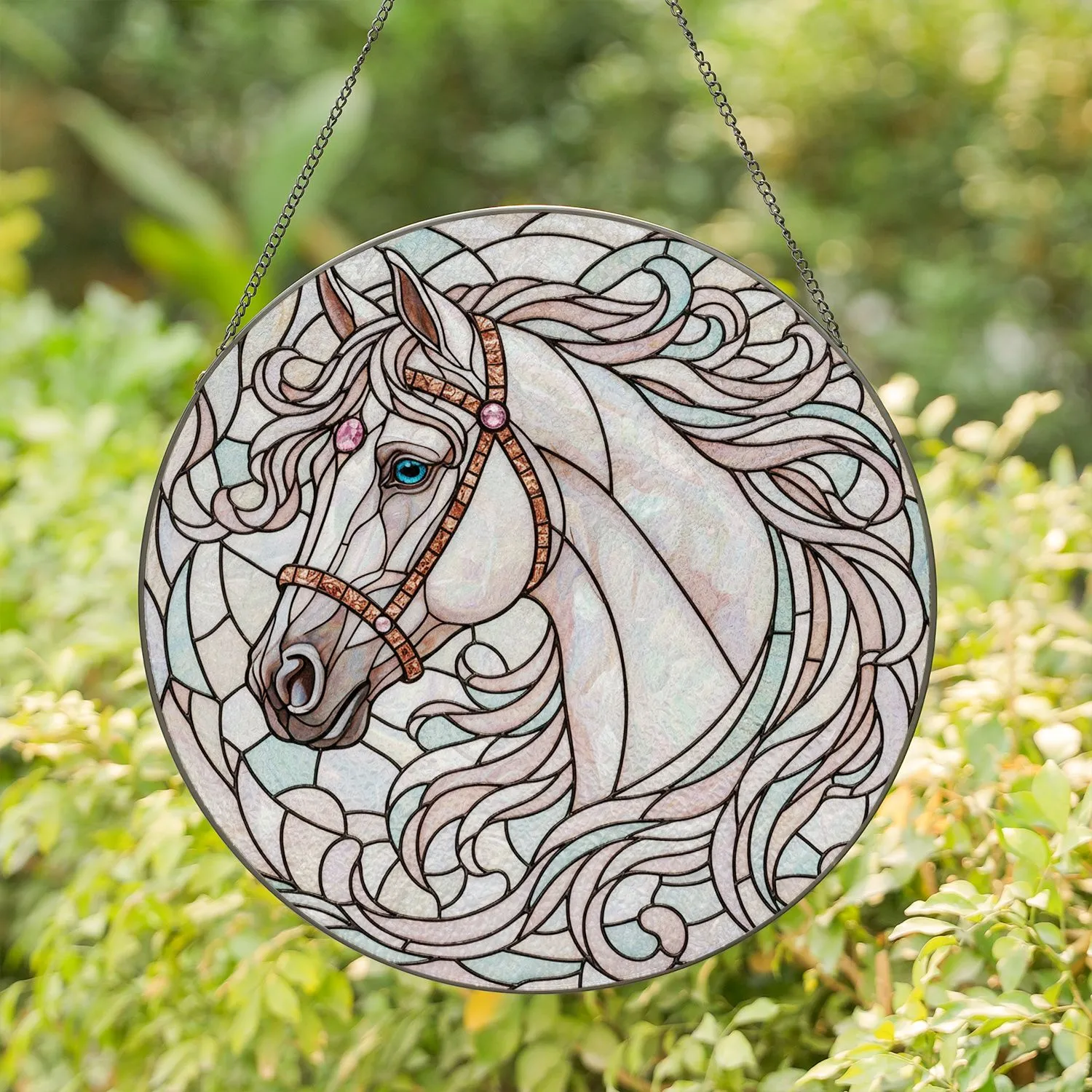 Horse Head Profile Flowing Mane Swirling Glass - Home Decor Gift for Horse Lover Stained Glass Suncatcher - 1