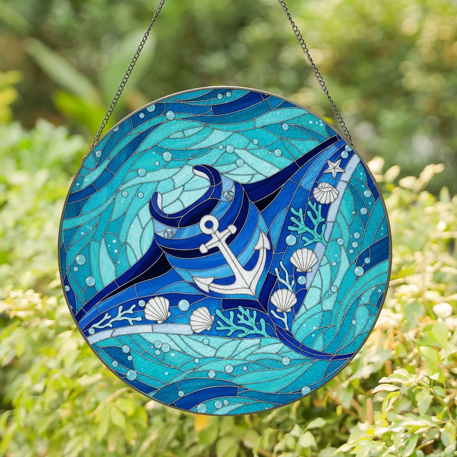 Manta Ray Anchor Ocean Waves - Home Decor Gift for Ocean Lover Stained Glass Suncatcher - 1
