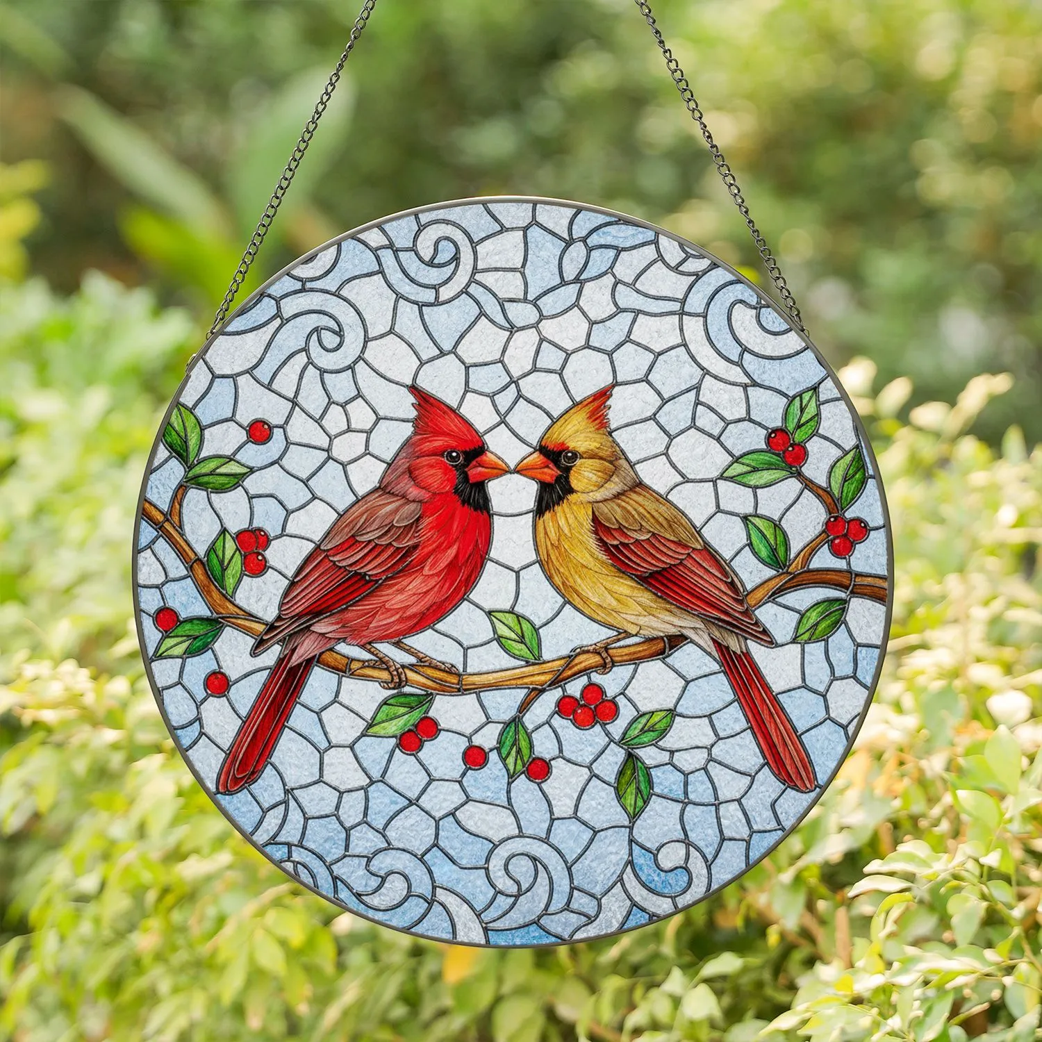 Cardinal Pair Branch Berries Winter Sky - Home Decor Gift for Bird Lovers Stained Glass Suncatcher - 1