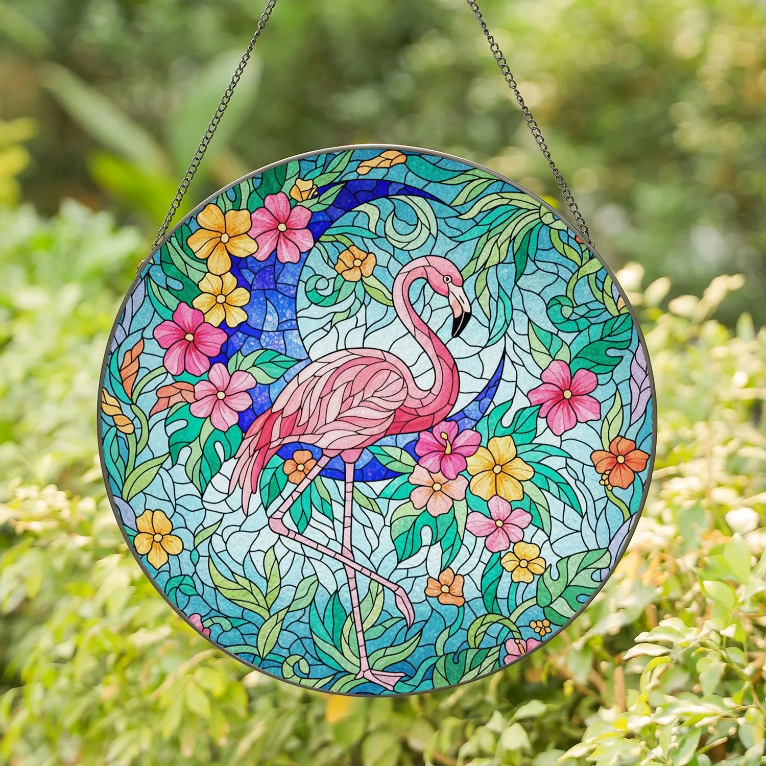 Pink Flamingo Crescent Moon Tropical Flowers - Home Decor Gift for Flamingo Lover Stained Glass Suncatcher - 1
