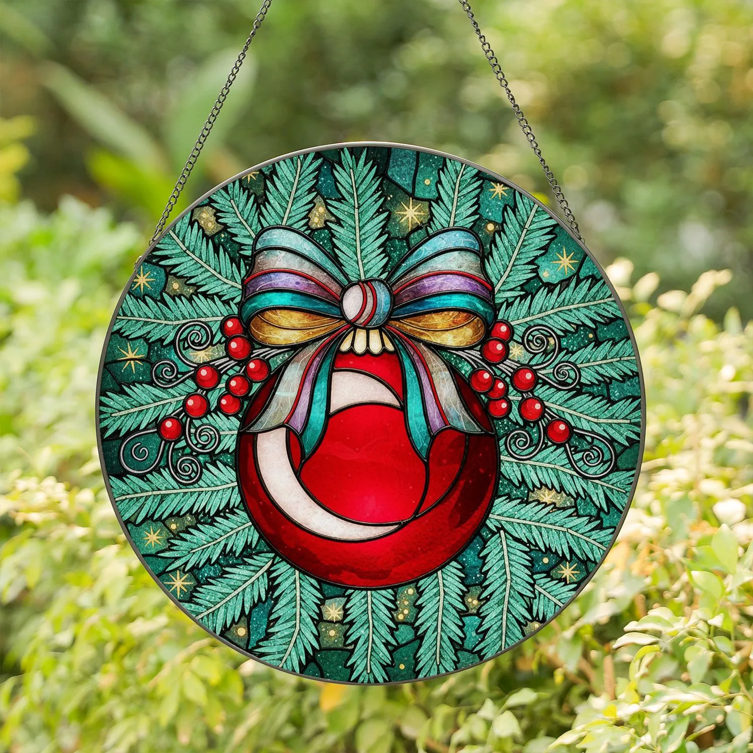 Red Christmas Ornament Iridescent Bow Evergreen Branches - Festive Winter Home Decor Gift Stained Glass Suncatcher - 1