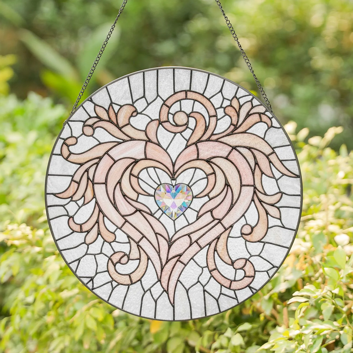 Luminous Faceted Crystal Leaf Heart Floral Swirl Mosaic - Home Decor Gift Stained Glass Suncatcher - 1